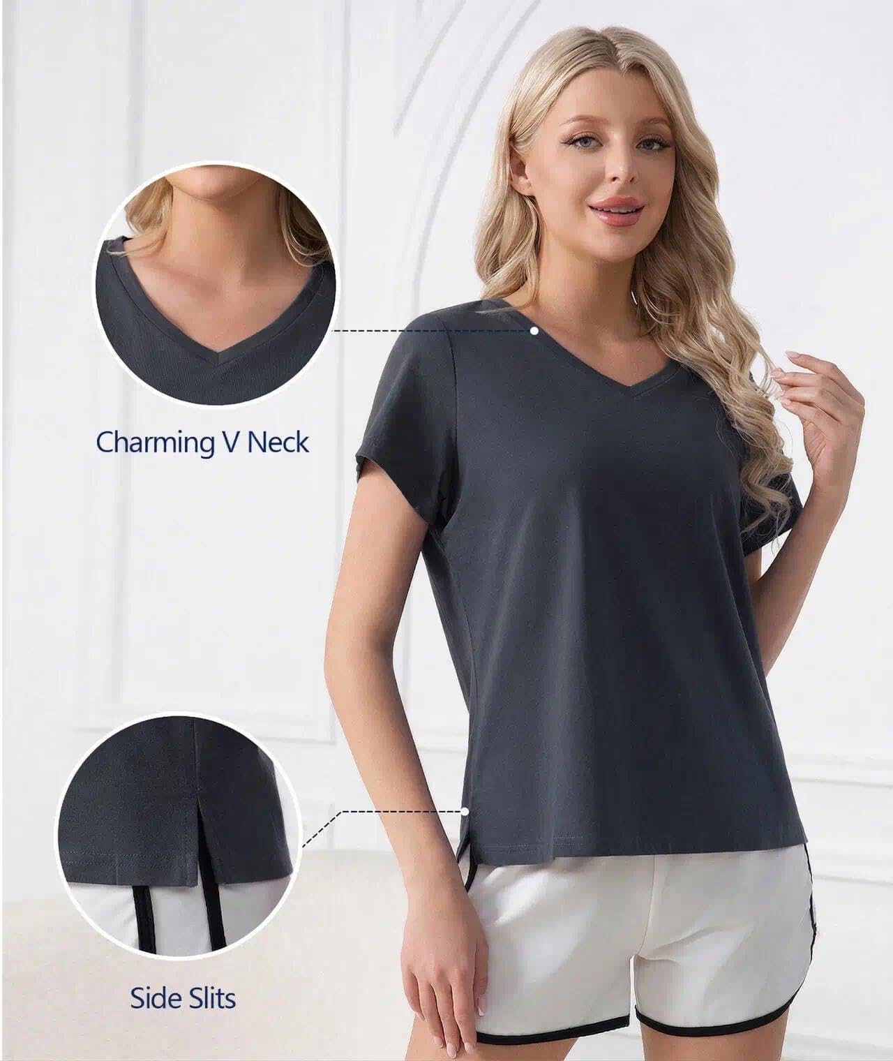 ENJOYNIGHT 2 Pack Womens Pajama Tops Cotton T-Shirt V-Neck Soft Sleep Pj Shirt Short Sleeves