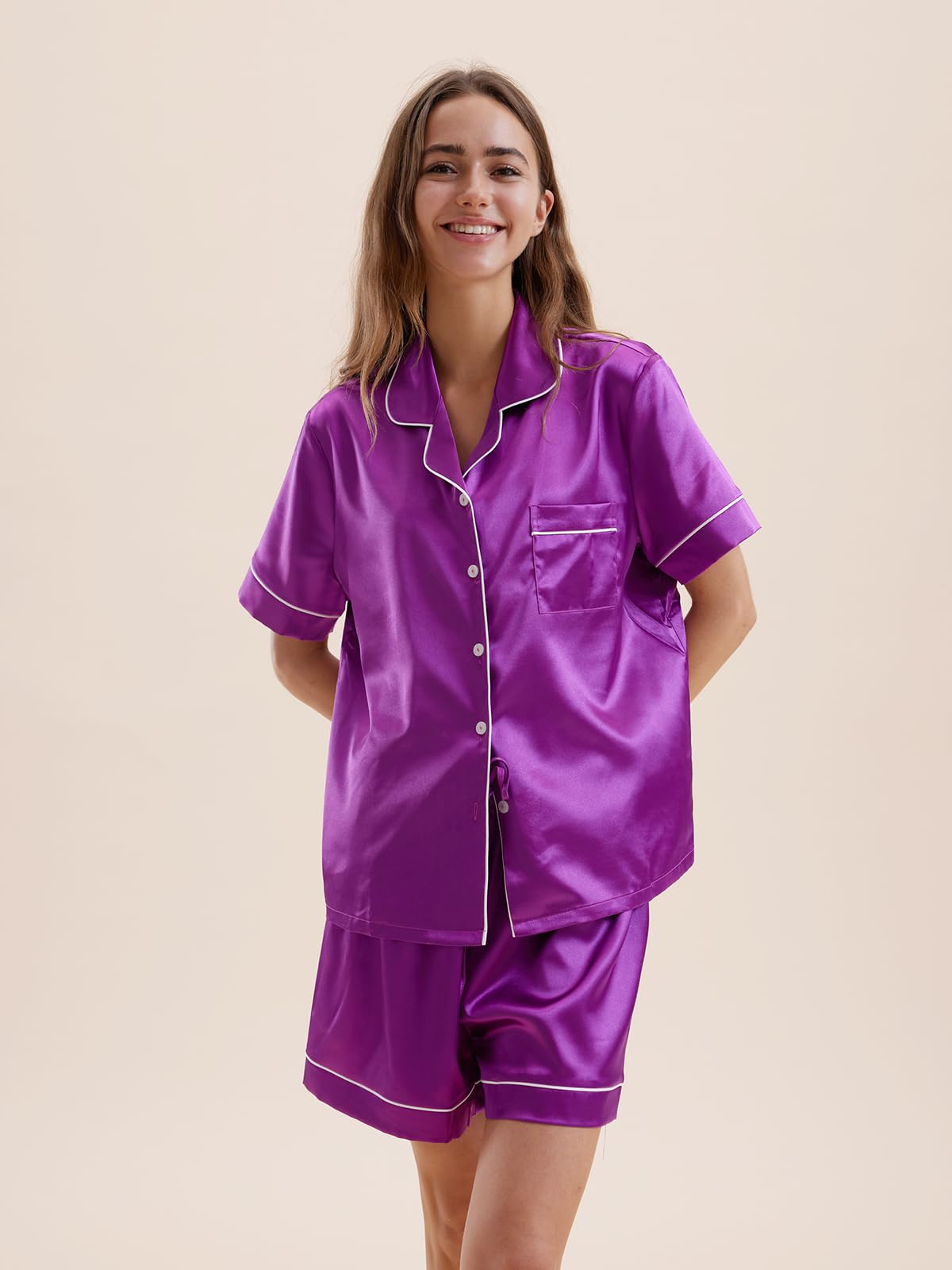 Satin Pajamas for Women Set,Silky Short Sleeve Ladies Pajama,Woman's 2 Piece Sleepwear,Bridal Wedding Pjs
