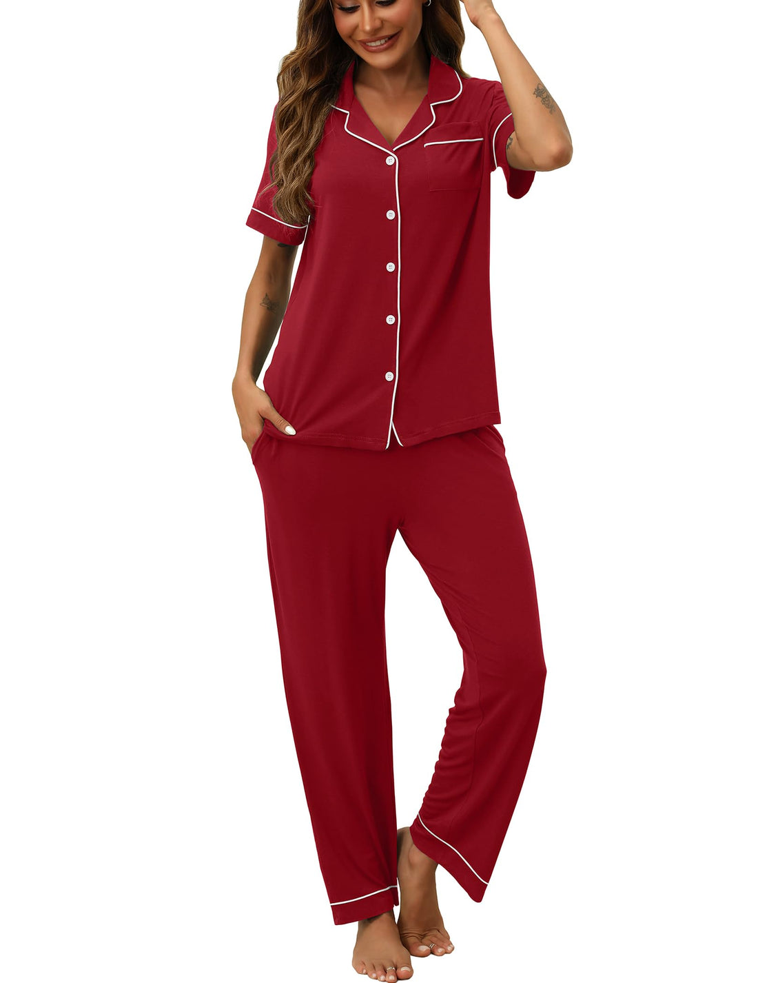 HNG Women Pajamas Set 2 Piece Button Up Pajamas Pant and Short Sleeve Shirt for Woman Pj Sets with Pocket