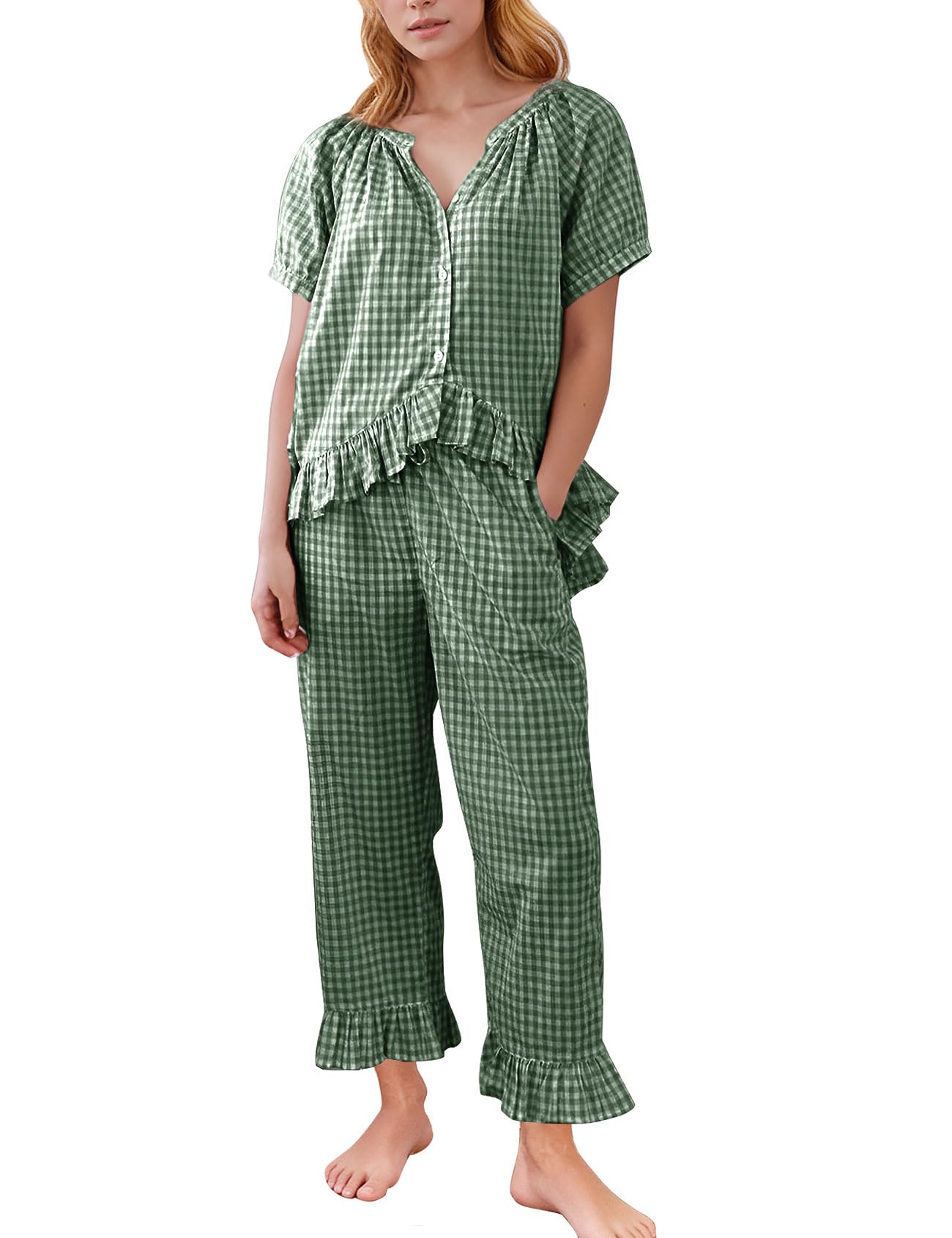 Flygo Womens Plaid 2 Piece Pajamas Sets Gingham Button Down Puff Sleeve Babydoll Shirt Ruffle Pants Y2K Pjs Lounge Set WEBE CLOTHING