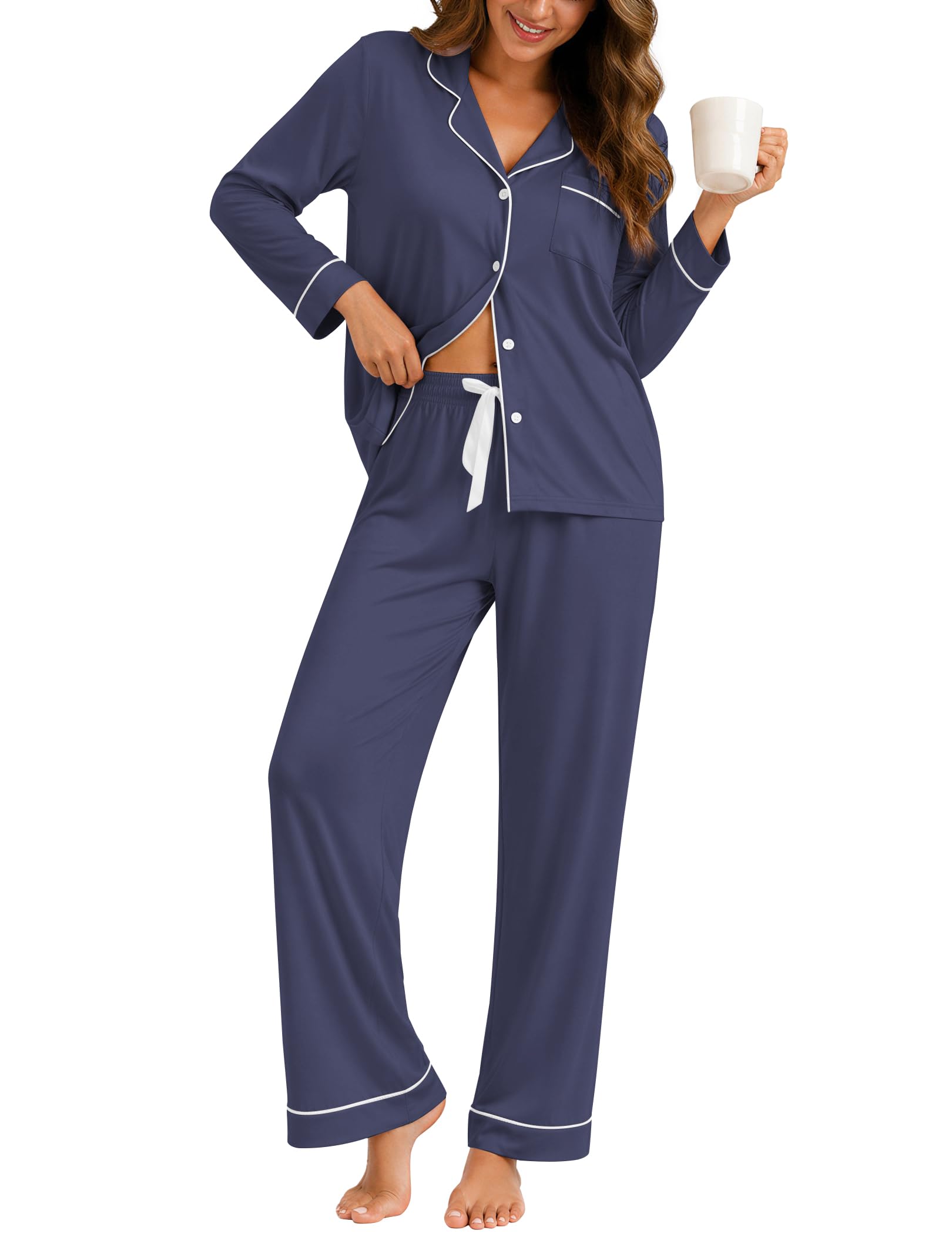 ZMJ Womens Pajamas Sets 2 Piece Long Sleeve and Pant Pj Sets Button Up Sleepwear