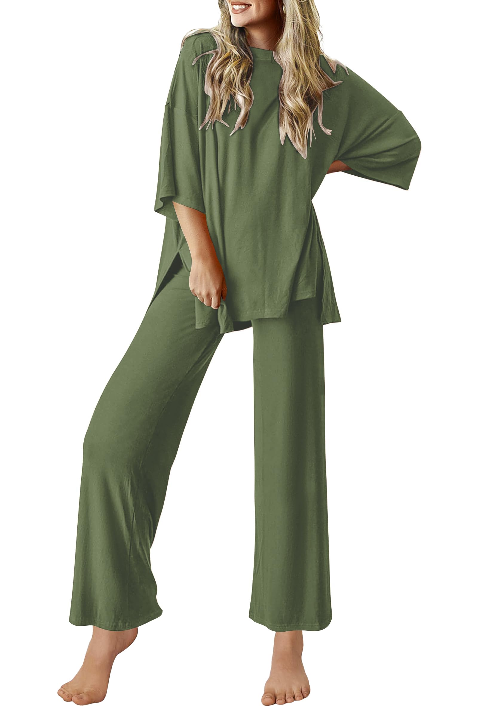 Ekouaer Lounge Sets for Women Short Sleeve Tops and Long Pants Soft Comfy Pajamas Set 2 Piece Outfits