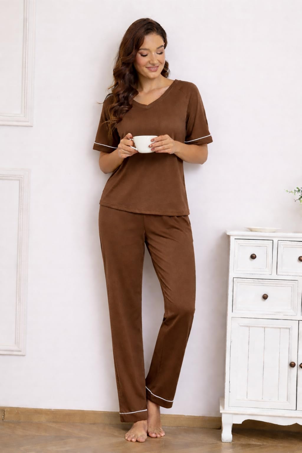 Ekouaer Womens Pajama Set Short Sleeve Pajamas Top and Pants V Neck Pjs Set Soft Loungewear with Pockets