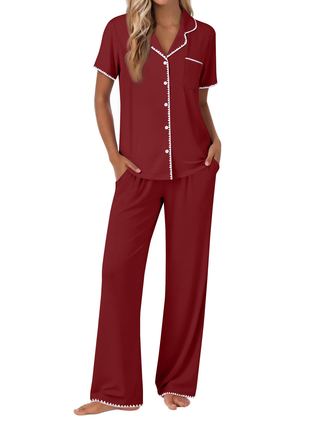 Ekouaer Pajamas for Women Set Button Up Soft Pjs Short Sleeve 2 Piece Lounge Sets Comfy Sleepwear
