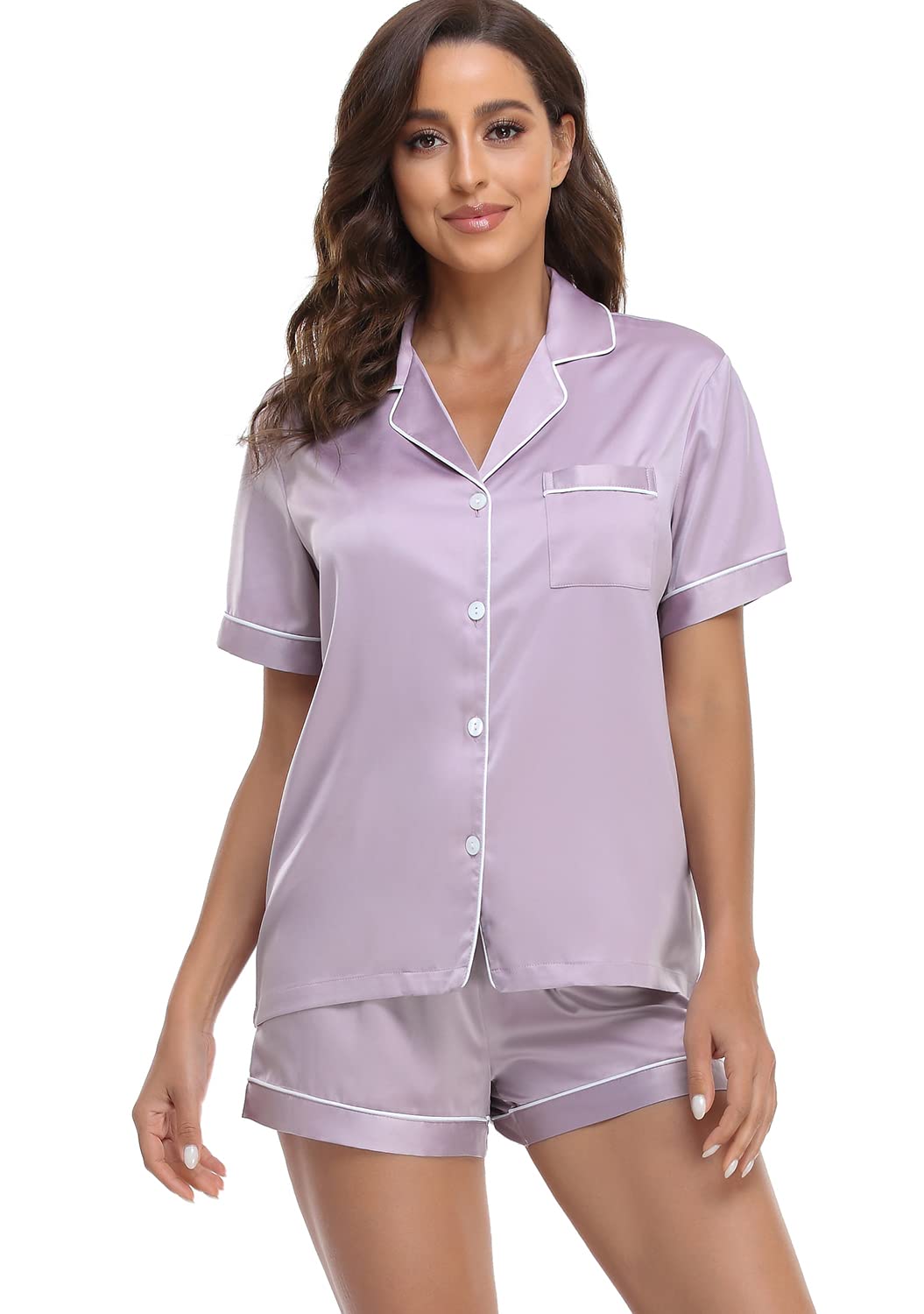 Serenedelicacy Women's Satin Pajama Set 2-Piece Sleepwear Loungewear Button Down Short Sleeve Silky PJ Set WEBE CLOTHING