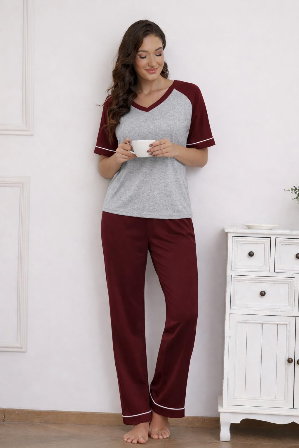 Ekouaer Womens Pajama Set Short Sleeve Pajamas Top and Pants V Neck Pjs Set Soft Loungewear with Pockets