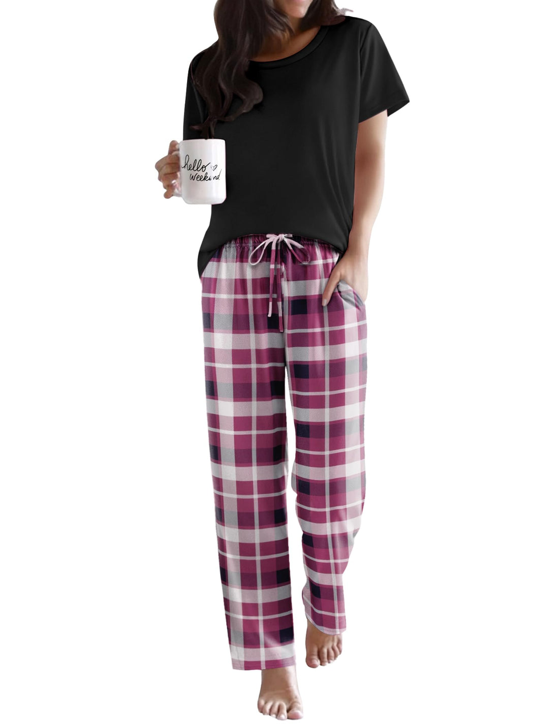 Ekouaer Pajama Sets for Women Round Neck Pjs Short Sleeve Sleepwear with Long Pants Loose Lounge Sets