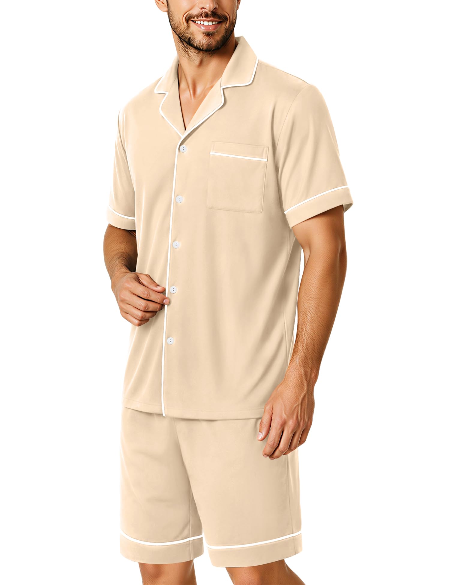 SWOMOG 100% Cotton Mens Pajama Set Short Sleeve Sleepwear Button Down Loungewear 2 PCS Cotton Pjs Set with Pockets WEBE CLOTHING