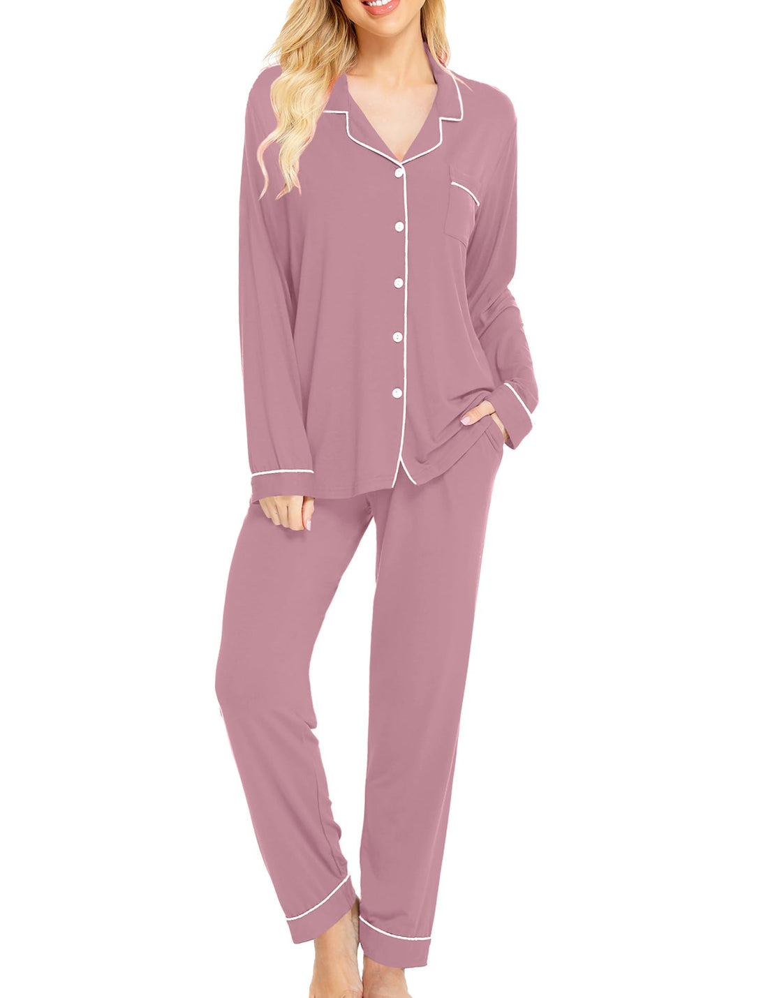 SWOMOG Womens Pajamas Set Long Sleeve Sleepwear Button Down Nightwear Soft Cotton Pj Lounge Sets