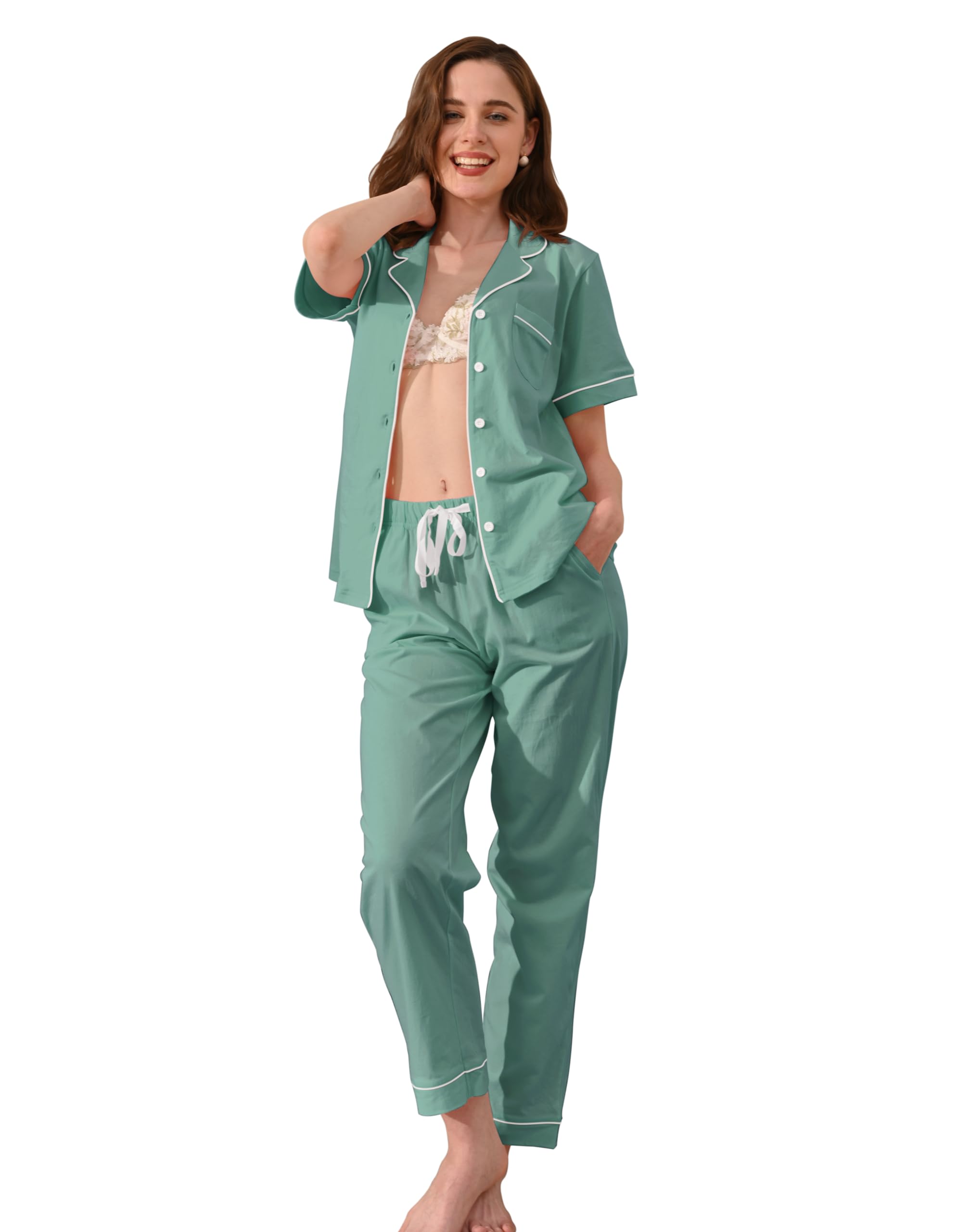 NAP BOUND 100% Cotton Pajamas for Women Sets 2 Pieces Pjs Button short sleeves with Pockets Soft Sleepwear Loungewear XS-XXL