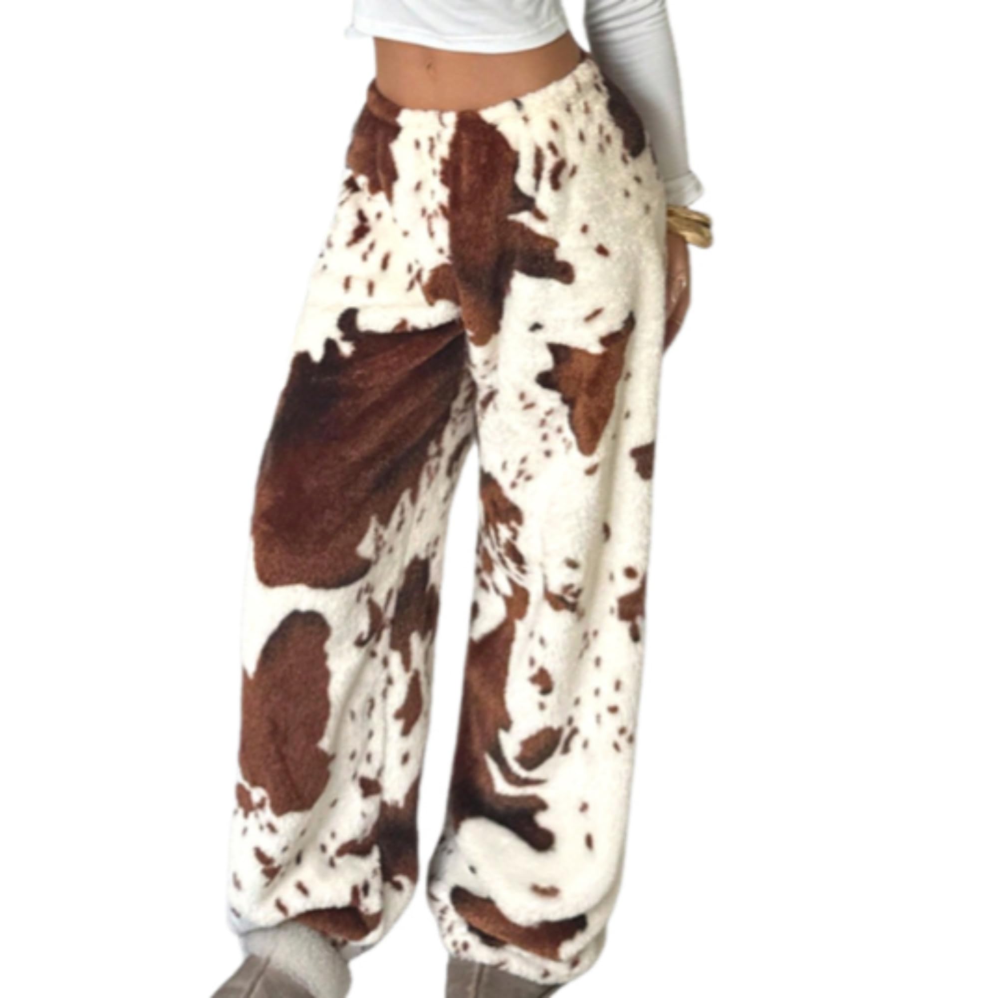Leopard Pants Women Therian Fuzzy Pajama Pants Y2k Cheetah Pants Grunge High Waisted Fluffy Pants
