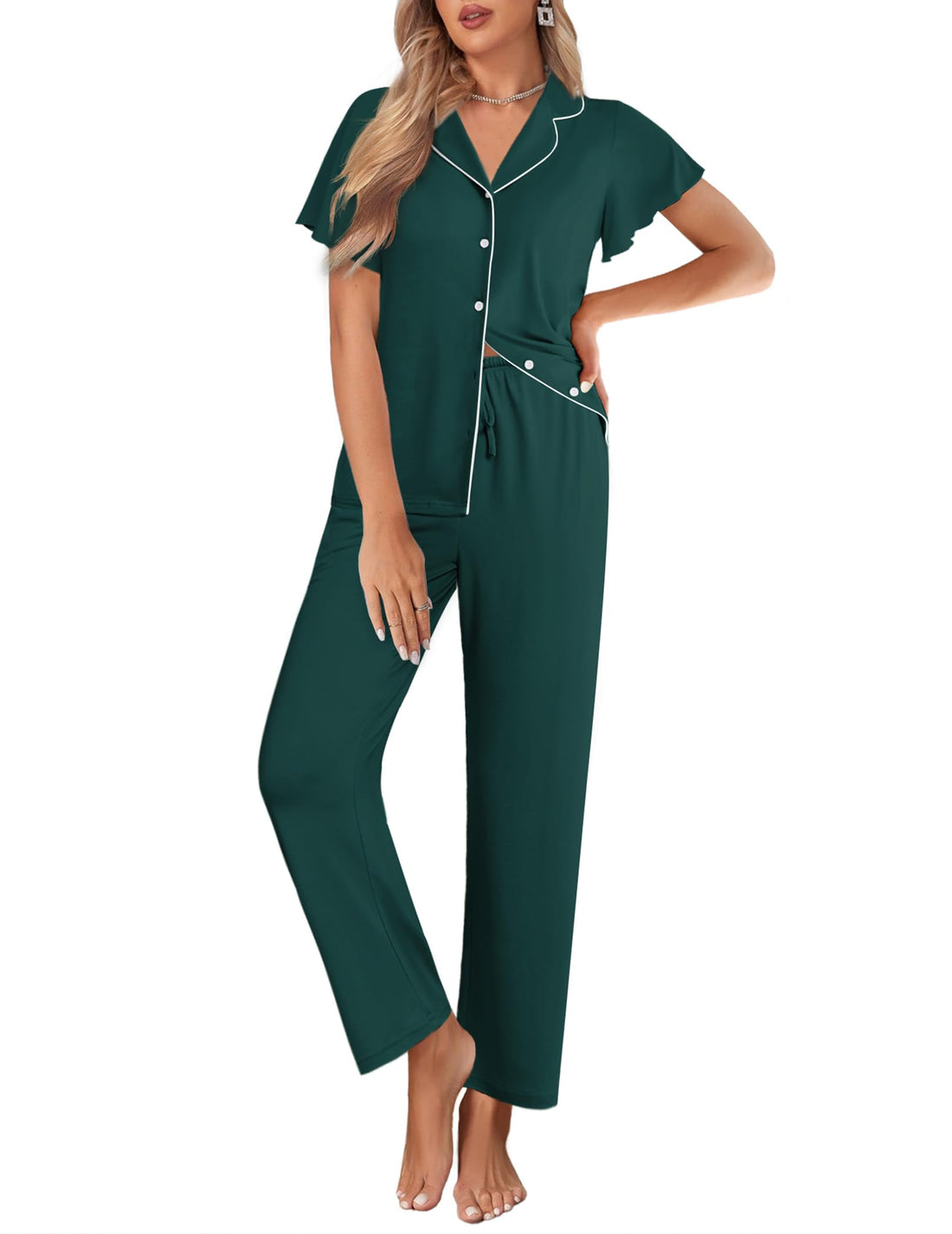 Ekouaer Pajamas for Women Set Button Up Sleepwear Cute Pjs Ruffle Sleeve Notch Collar Loungewear with Long Pants S-XXL