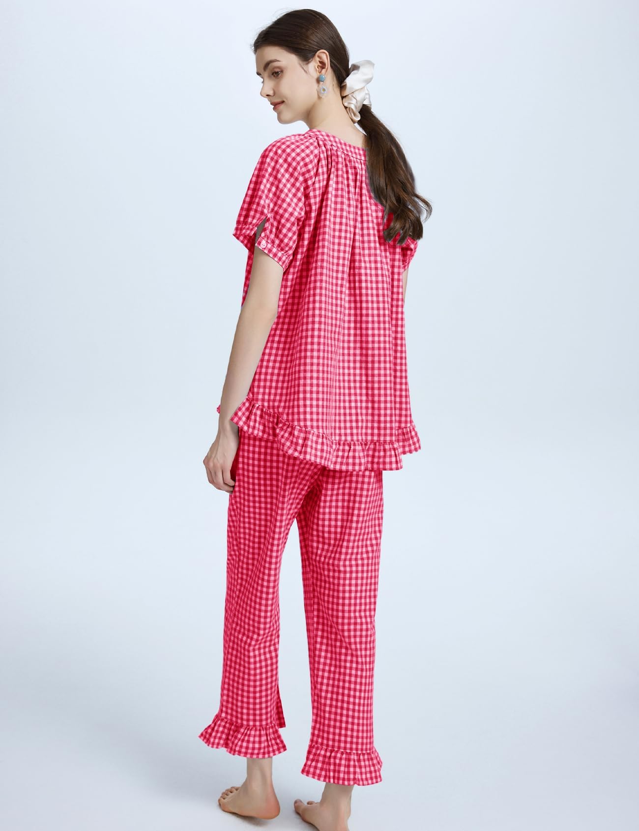 Flygo Womens Plaid 2 Piece Pajamas Sets Gingham Button Down Puff Sleeve Babydoll Shirt Ruffle Pants Y2K Pjs Lounge Set WEBE CLOTHING