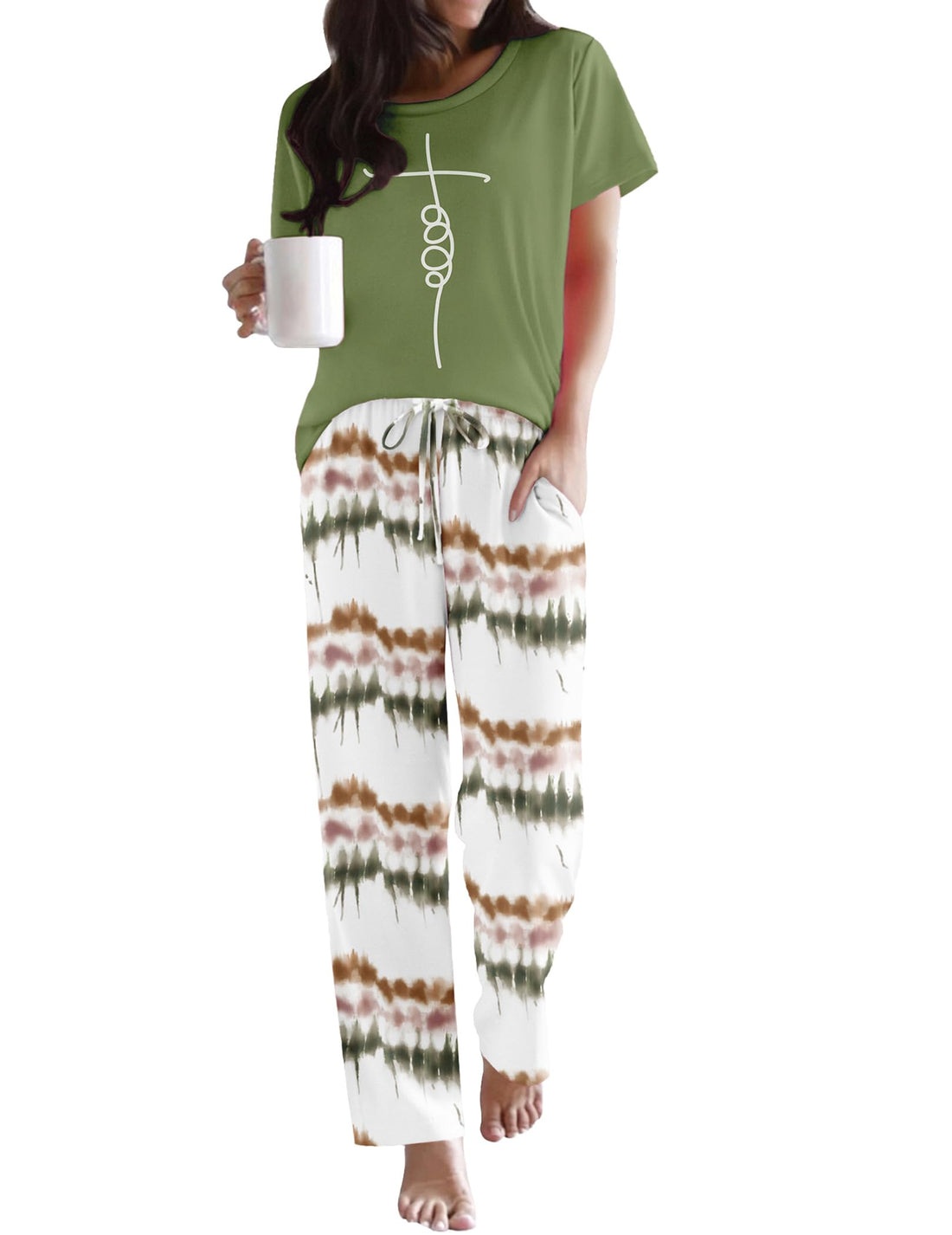 Ekouaer Pajama Sets for Women Round Neck Pjs Short Sleeve Sleepwear with Long Pants Loose Lounge Sets