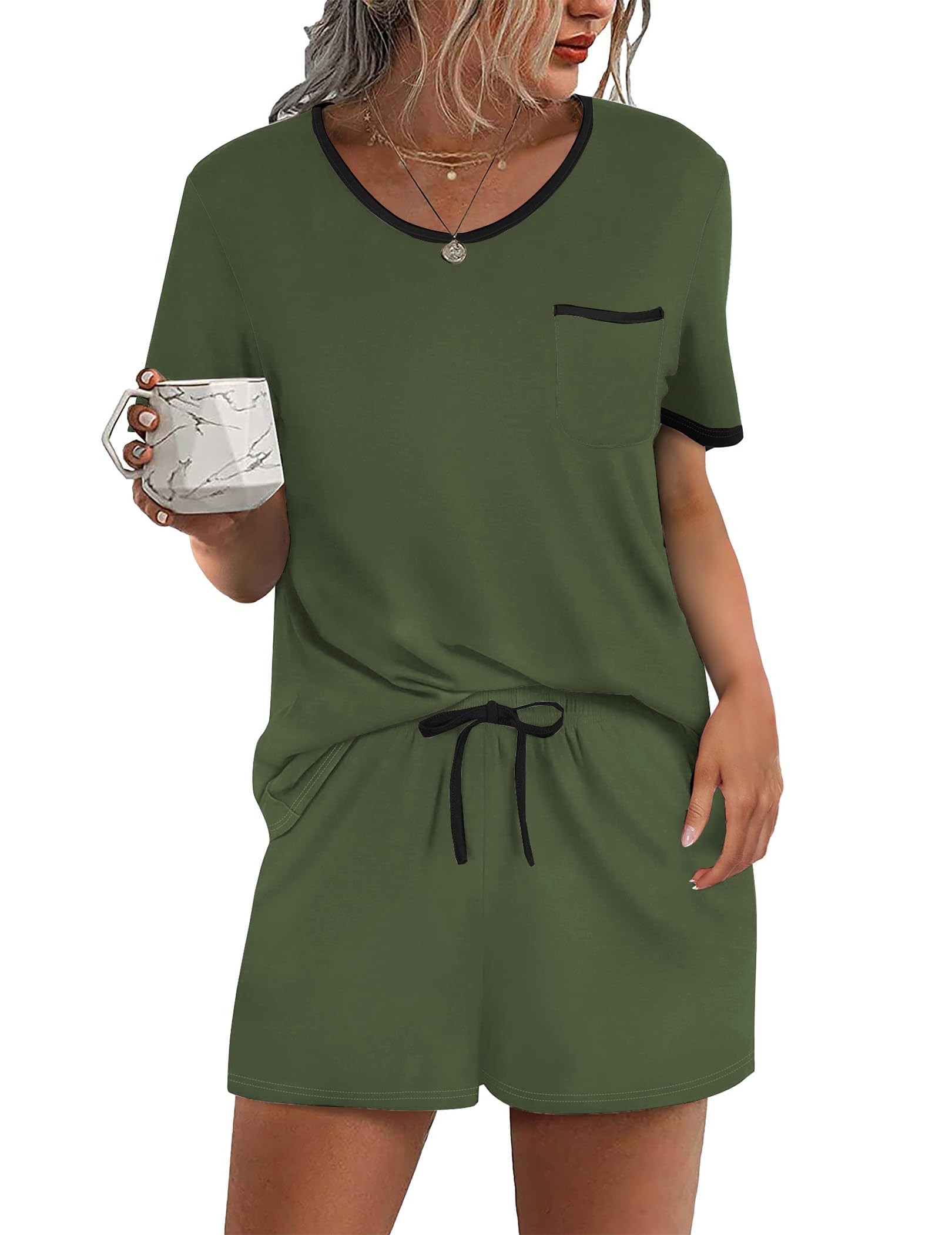 Ekouaer Pajama Set for Women 2 Piece Lounge Set Short Sleeve Tops and Shorts Soft Sleepwear, Chest Pocket