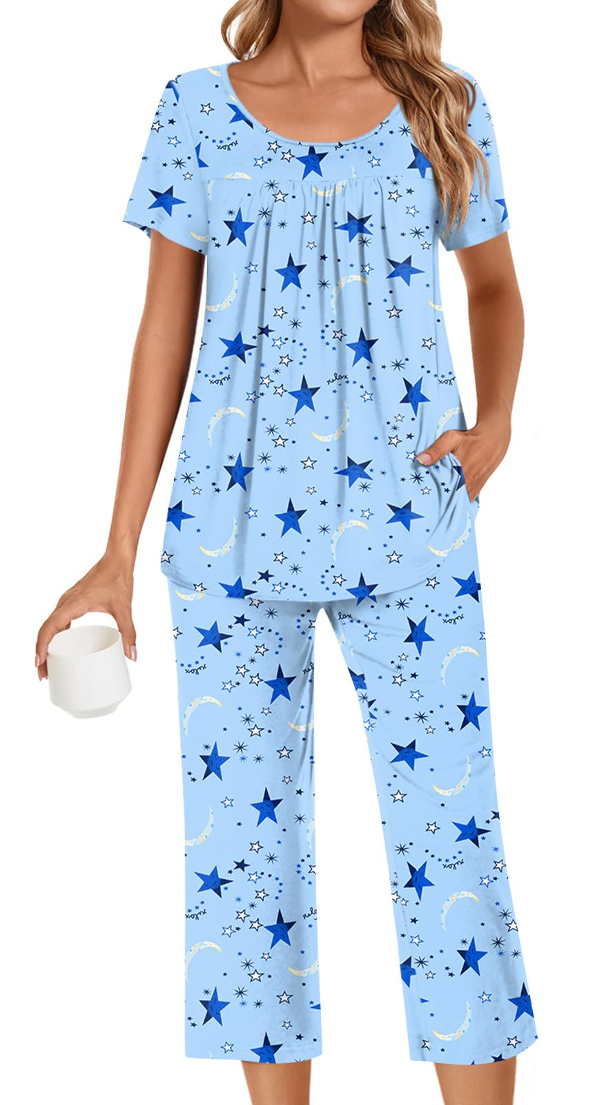 POPYOUNG Womens Pajama Sets Summer Ladies Pjs 2 Piece Loungewear Capri with Pockets Sleepwear