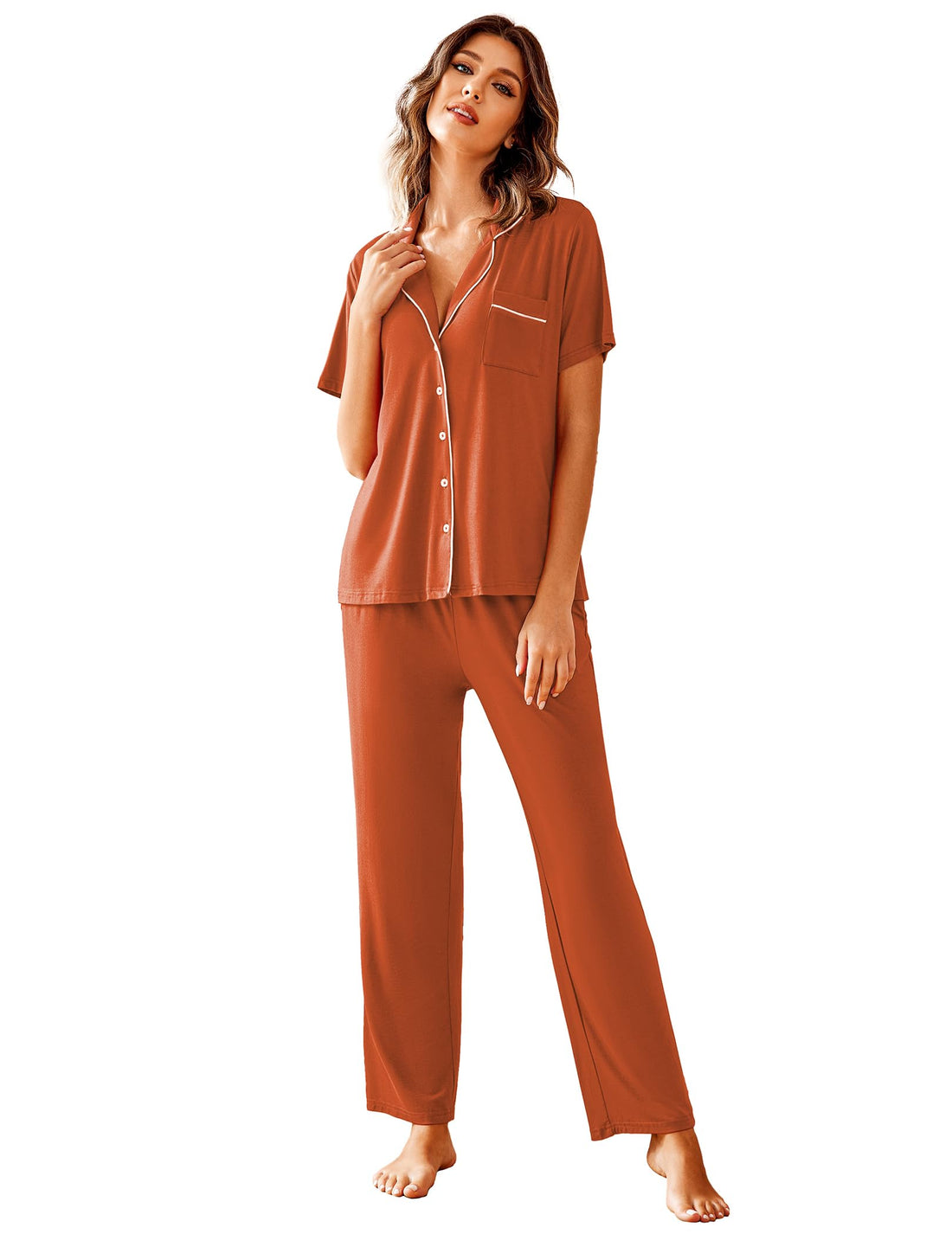 Avidlove Women Pajamas Set Notch Collar Soft Sleepwear Pjs Short Sleeve Button Down Nightwear with Long Pants WEBE CLOTHING