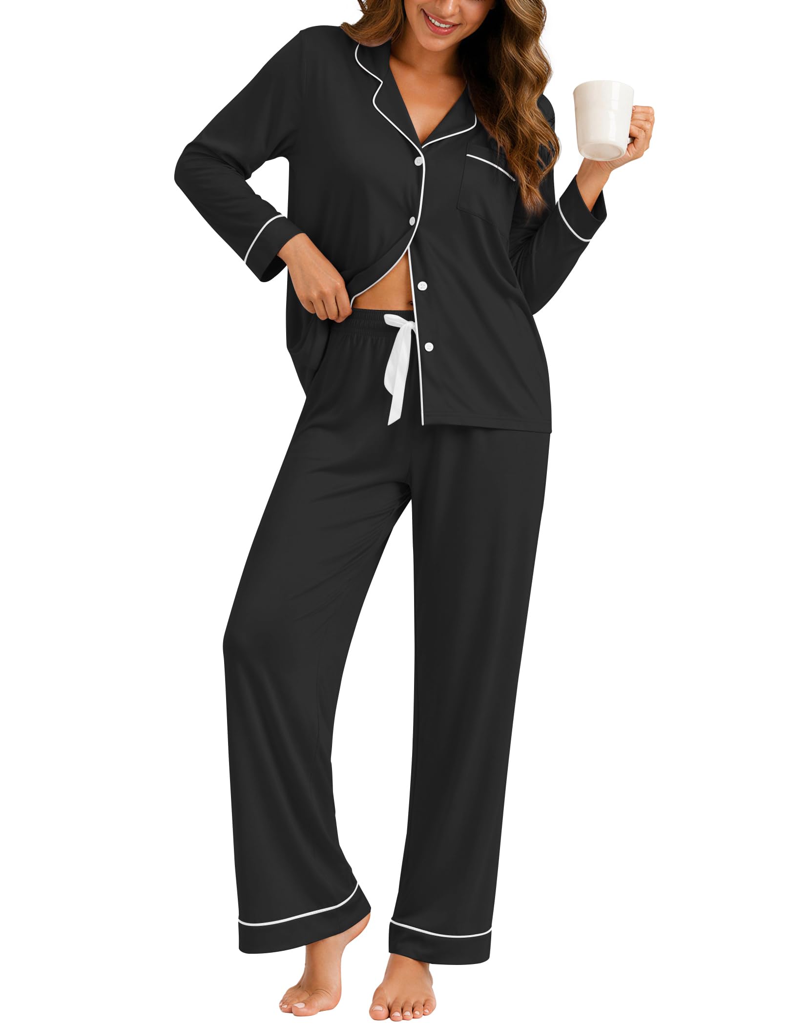ZMJ Womens Pajamas Sets 2 Piece Long Sleeve and Pant Pj Sets Button Up Sleepwear