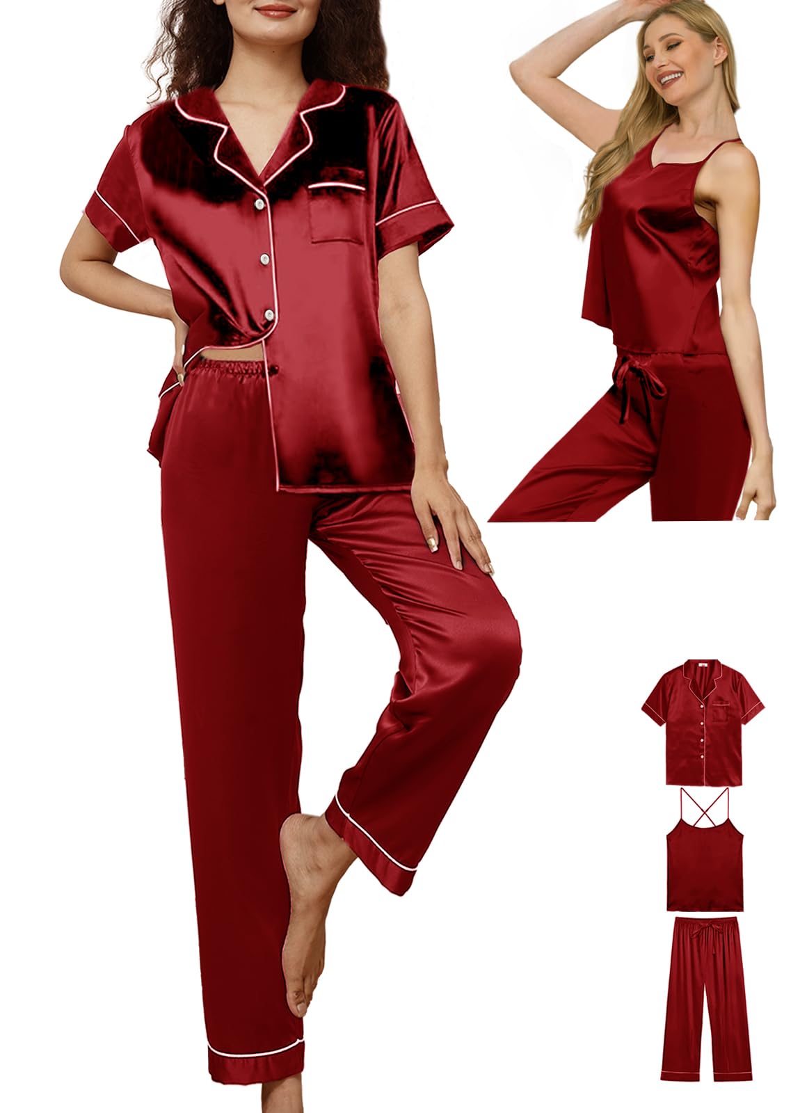 3Pcs Womens Satin Pajamas Set Silk Pj Sets Sexy Camisole Tops And Pants Silky Pajama XS-4XL Pjs Sleepwear WEBE CLOTHING