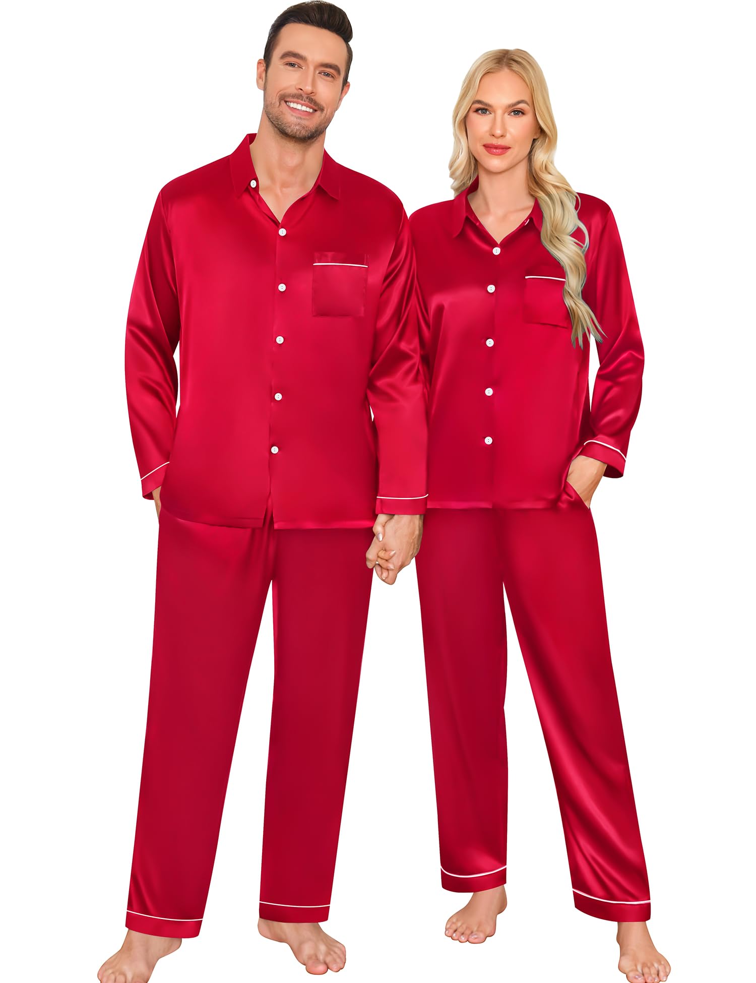 SWOMOG Family Matching Pajama Set Women/Men/Kids Satin Pajamas Long Sleeve Sleepwear Button Down Loungewear 2 Pcs Pj Set