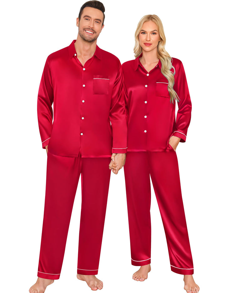 SWOMOG Family Matching Pajama Set Women/Men/Kids Satin Pajamas Long Sleeve Sleepwear Button Down Loungewear 2 Pcs Pj Set