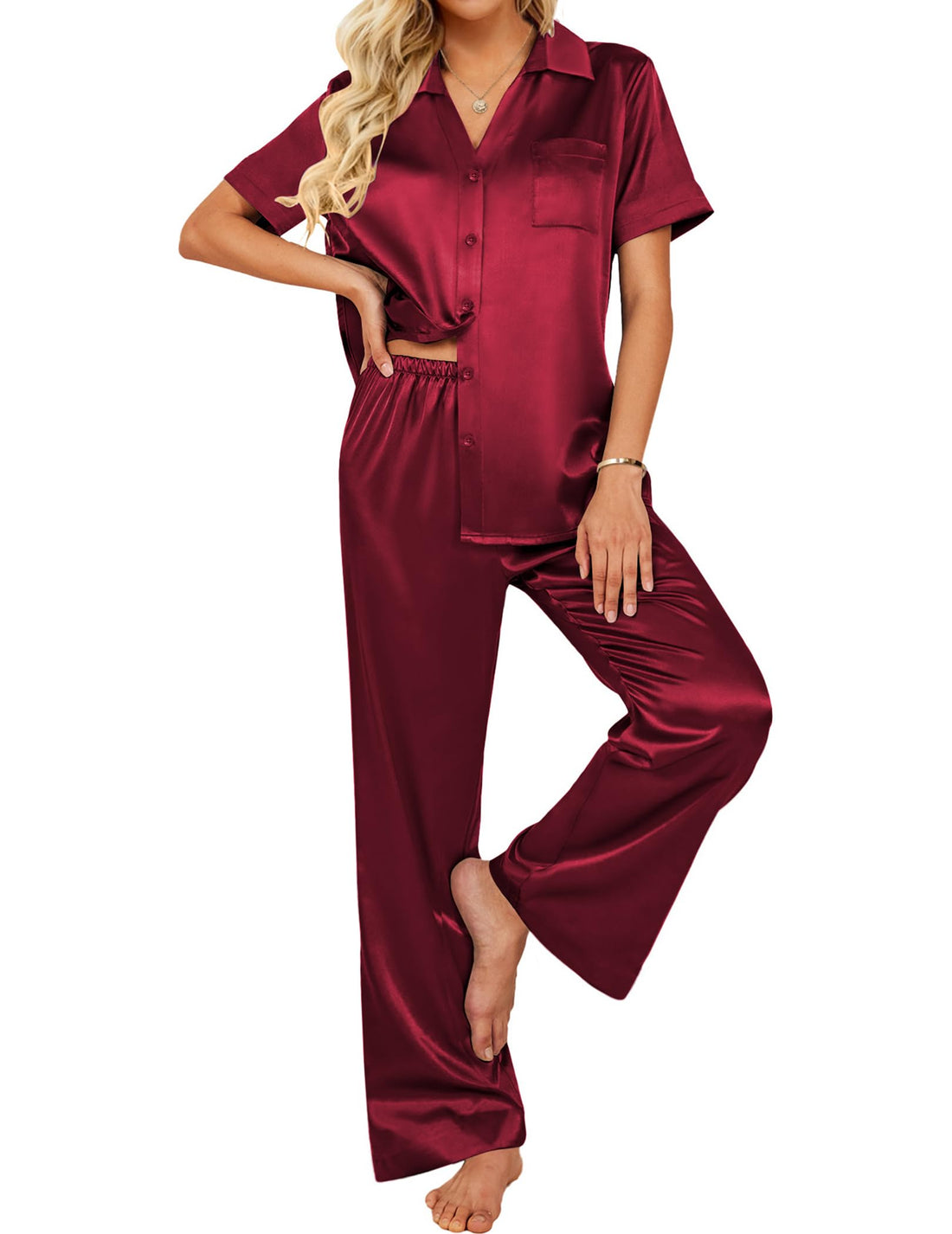 Ekouaer Silk Pajamas for Womens Set 2 Piece Satin Pjs Soft Button Down Sleepwear Wide Leg Long Pants with Pockets