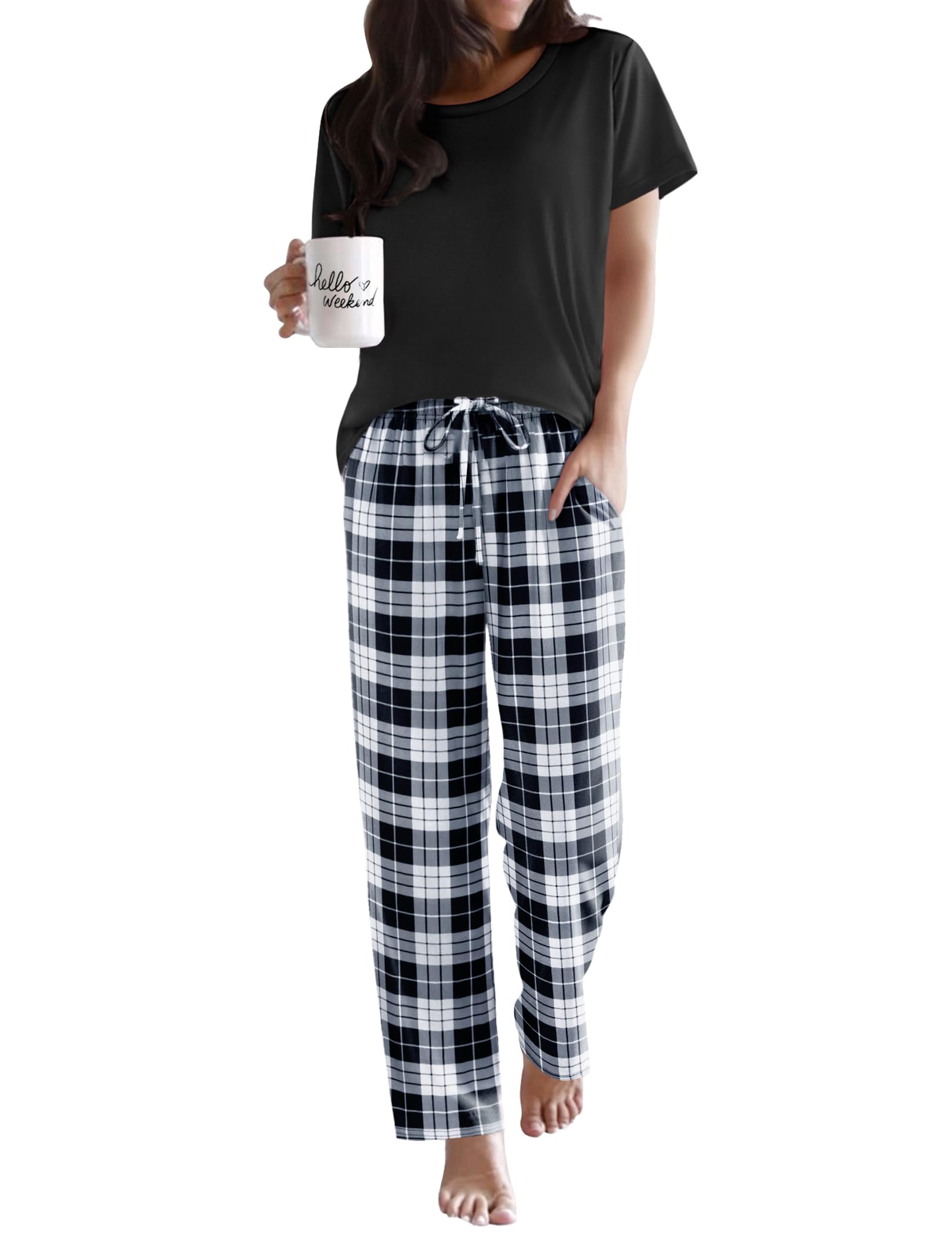 Ekouaer Pajama Sets for Women Round Neck Pjs Short Sleeve Sleepwear with Long Pants Loose Lounge Sets