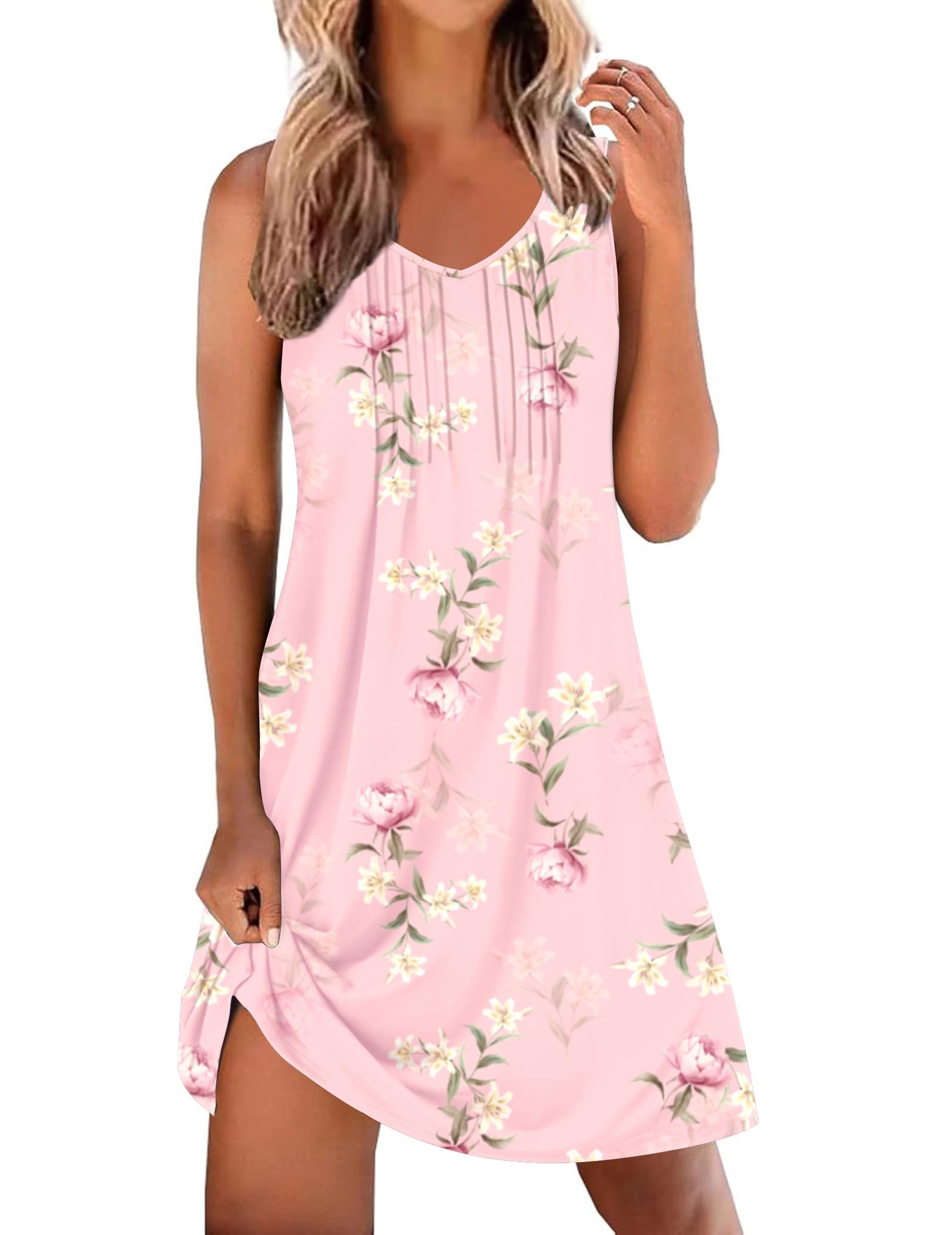 Ekouaer Nightgowns for Women Sleeveless Sleep Shirt Tank Night Gown V Neck Chemise Pleated Night Shirt Soft Sleep Dress