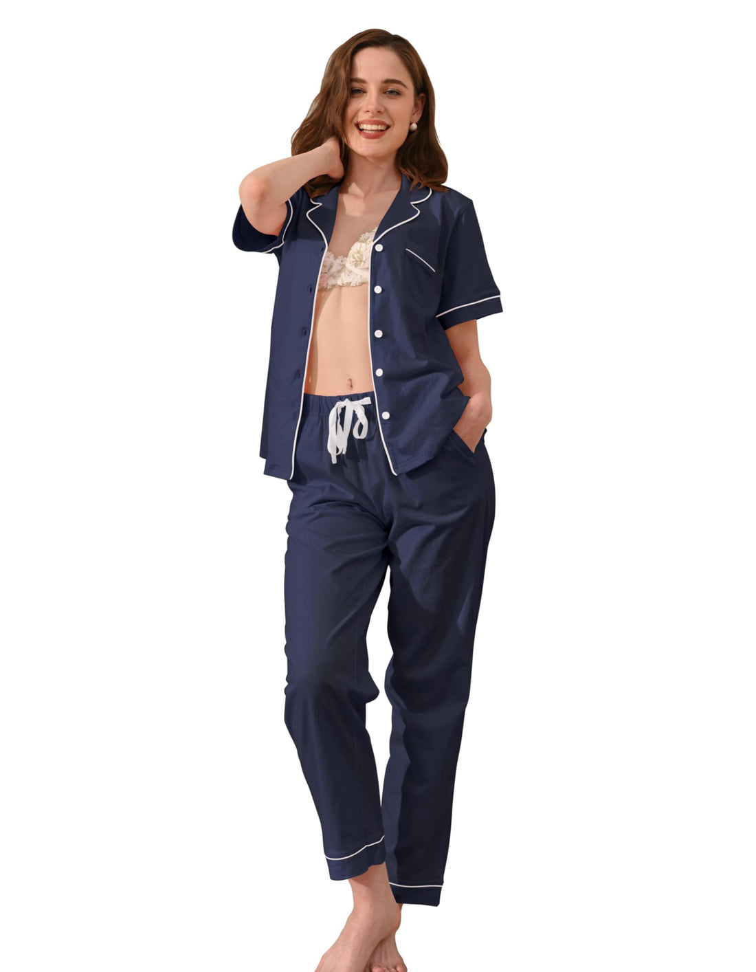 NAP BOUND 100% Cotton Pajamas for Women Sets 2 Pieces Pjs Button short sleeves with Pockets Soft Sleepwear Loungewear XS-XXL