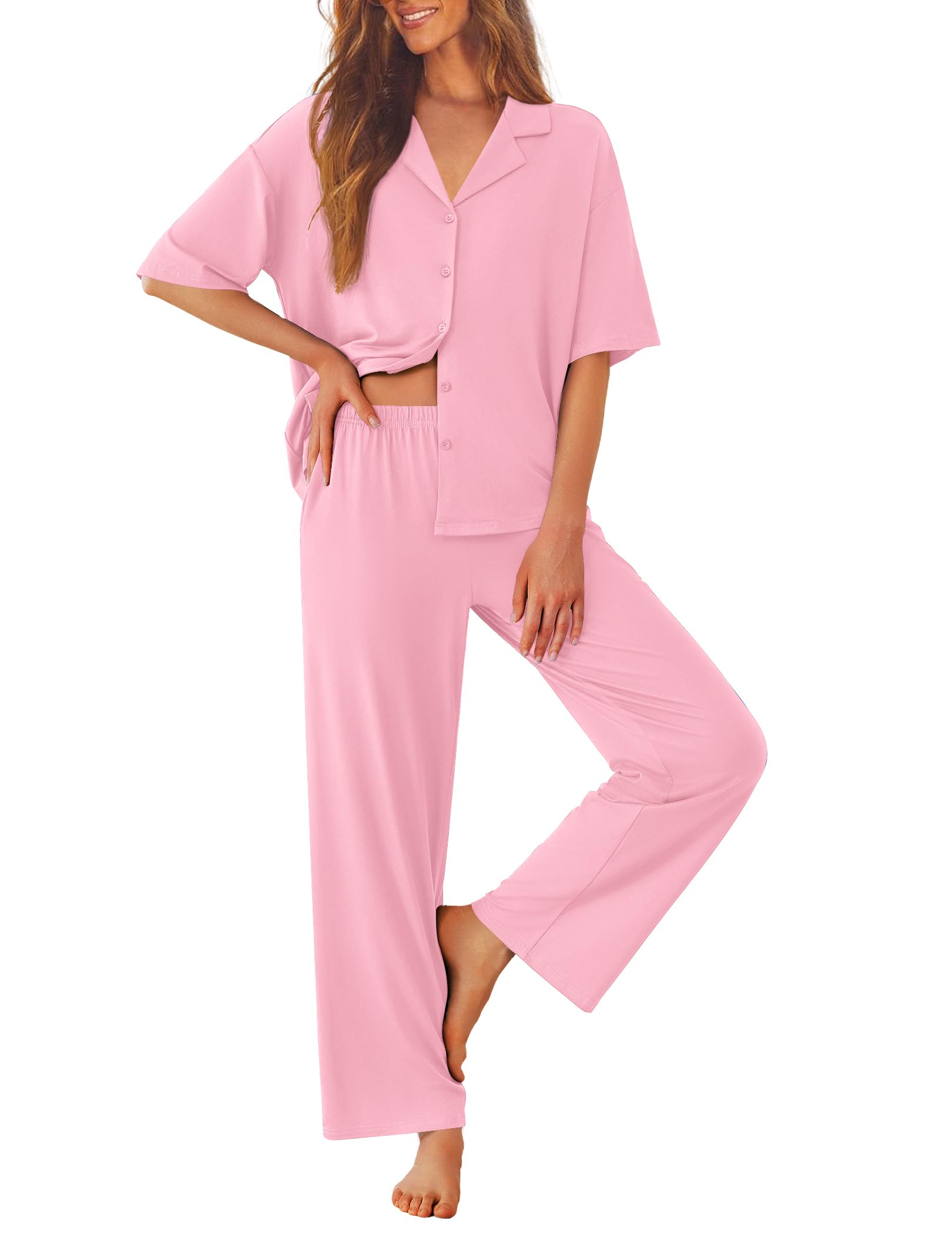 Ekouaer Women Pajamas Set Button Down Sleepwear Short Sleeve Pjs Soft Comfy Nightwear with Long Pants S-XXL