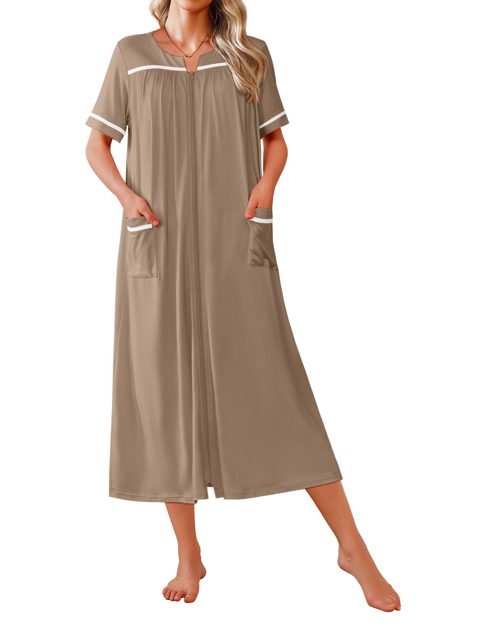 Ekouaer Zipper Robes for Women Short Sleeve Bathrobe Soft Lightweight Housecoat Full Length Nightgown with Pockets S-3XL WEBE CLOTHING