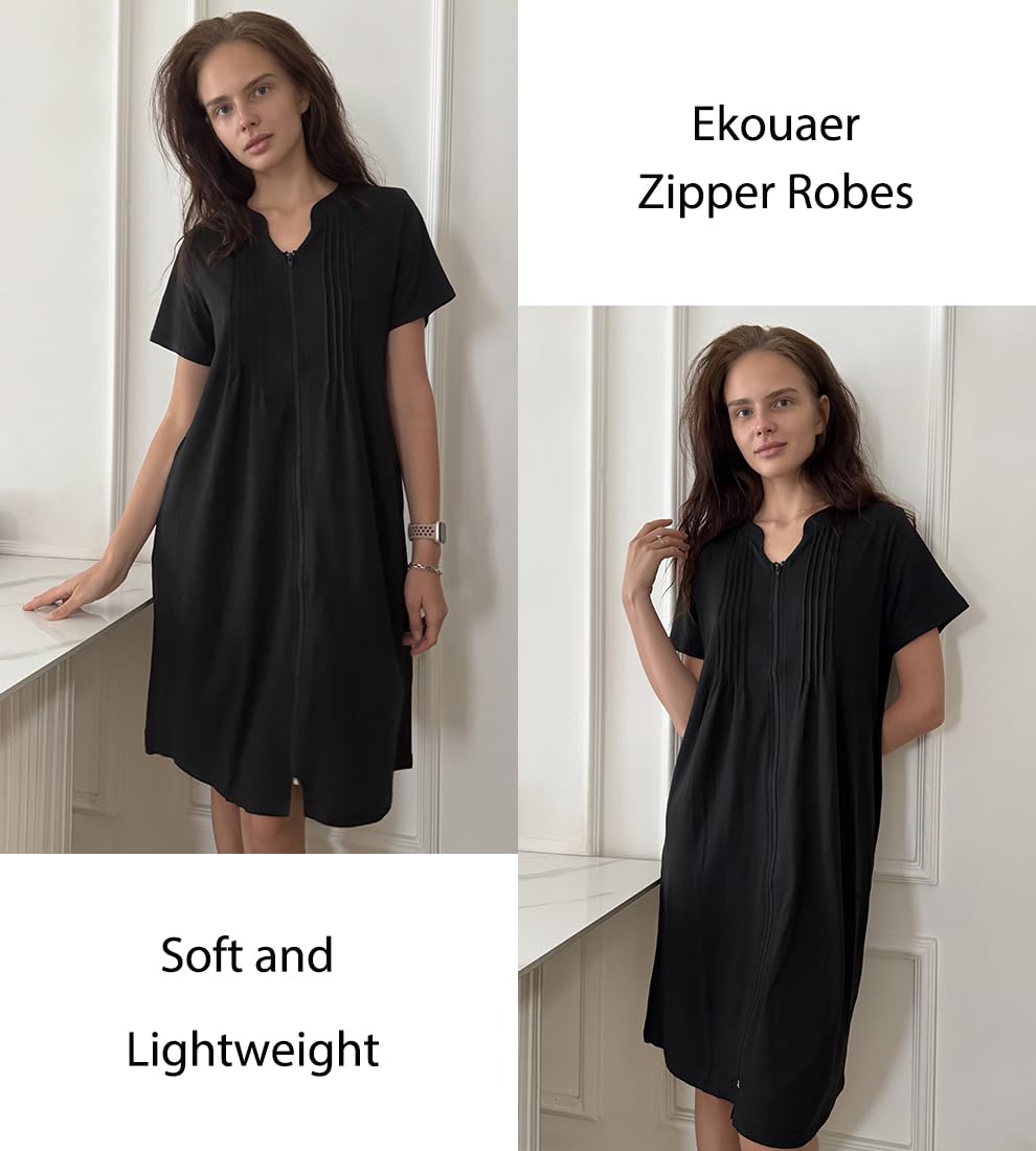 EKOUAER Women Zipper Robes Short Bathrobe Lightweight Mumu Duster House Coat with Pockets Soft Moo Moo Nightgown WEBE CLOTHING