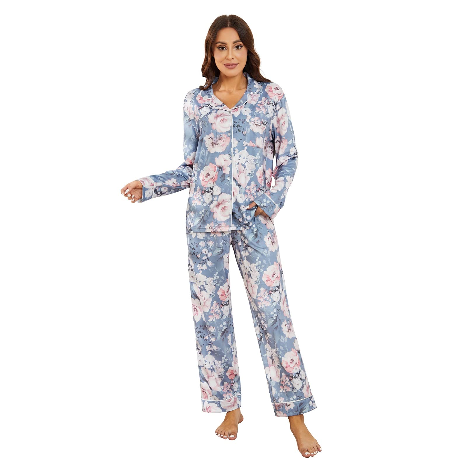 LYCY Womens Pajama Sets Floral Print, Long Sleeve Button Down Pajamas Set for Women Soft Sleepwear Pjs 2 piece Loungewear