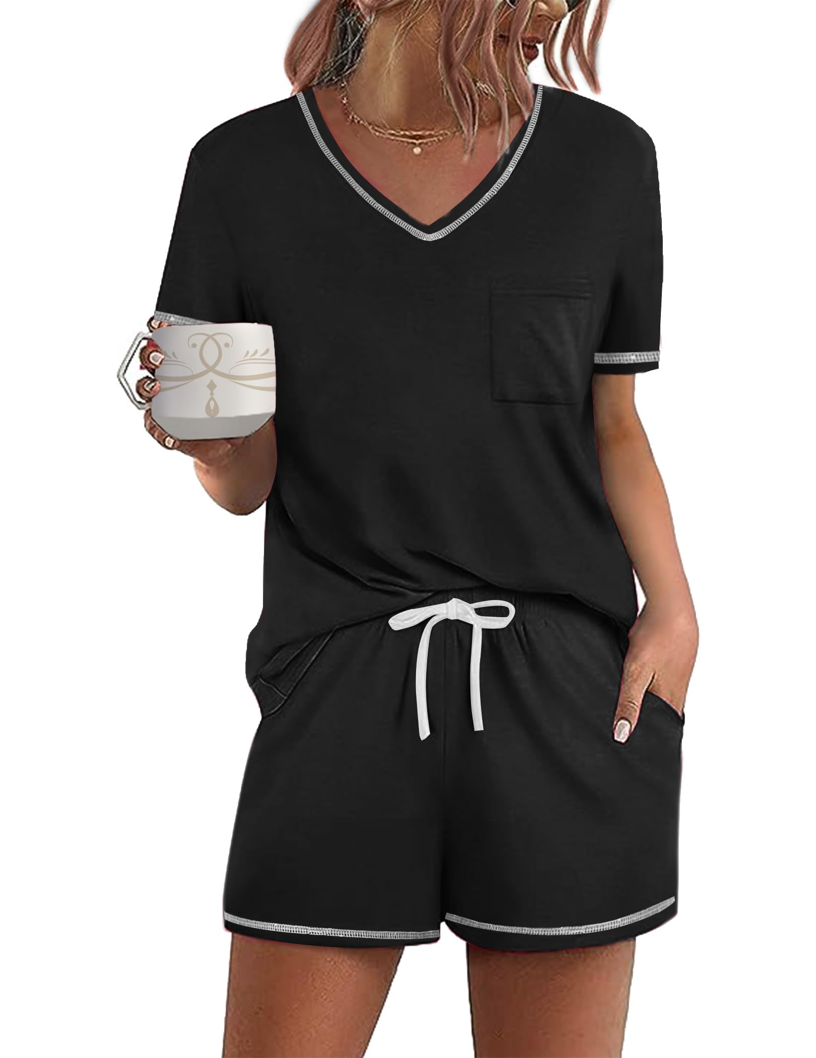 Ekouaer Women's Pajamas Sets Short Sleeve Pjs Two Piece Sleepwear Casual Lounge Sets With Pockets