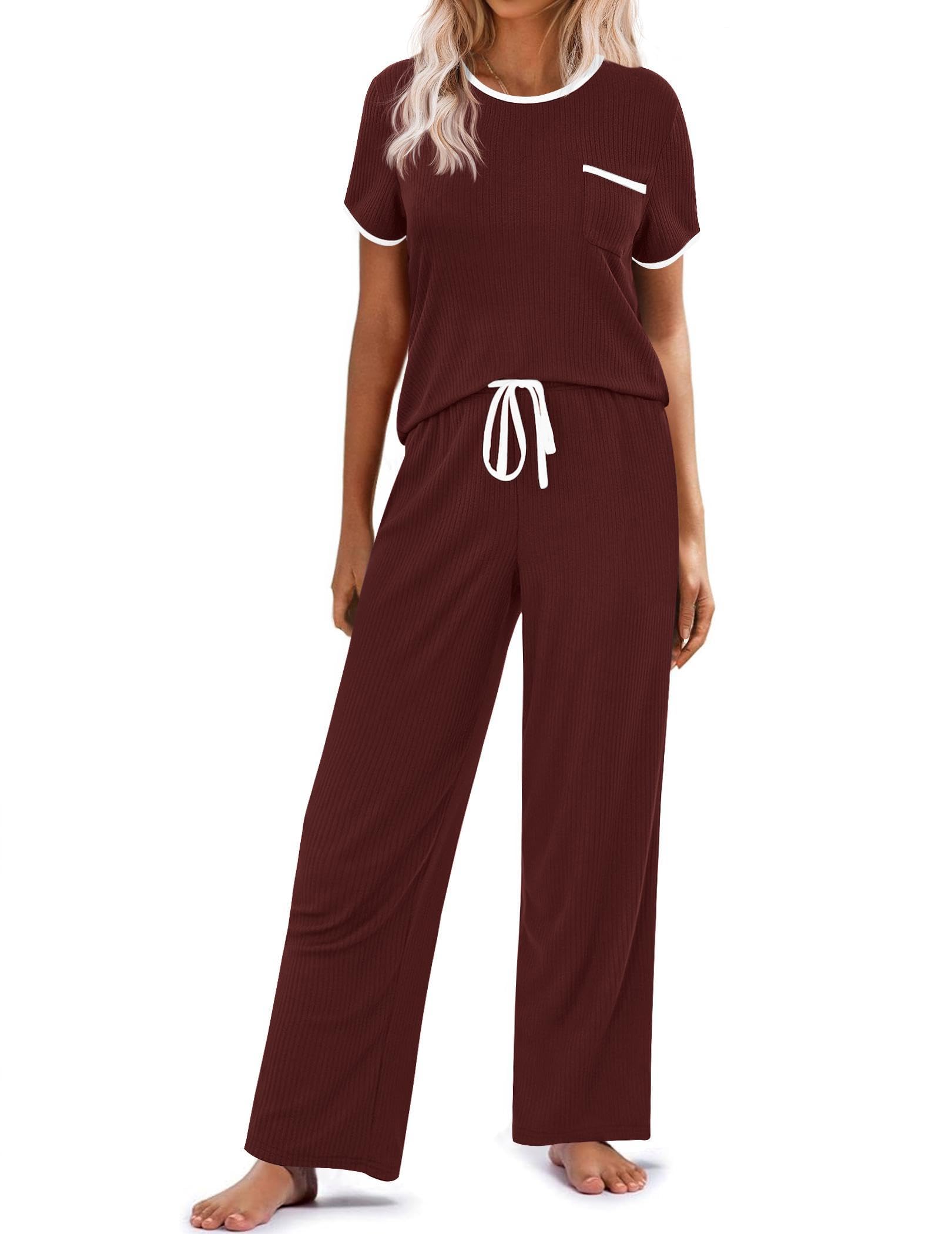 Ekouaer Women Lounge Pajamas Sets Ribbed Knit PJ Short Sleeve and Long Pajama Pant Soft 2 Piece Sleepwear Loungwear Set