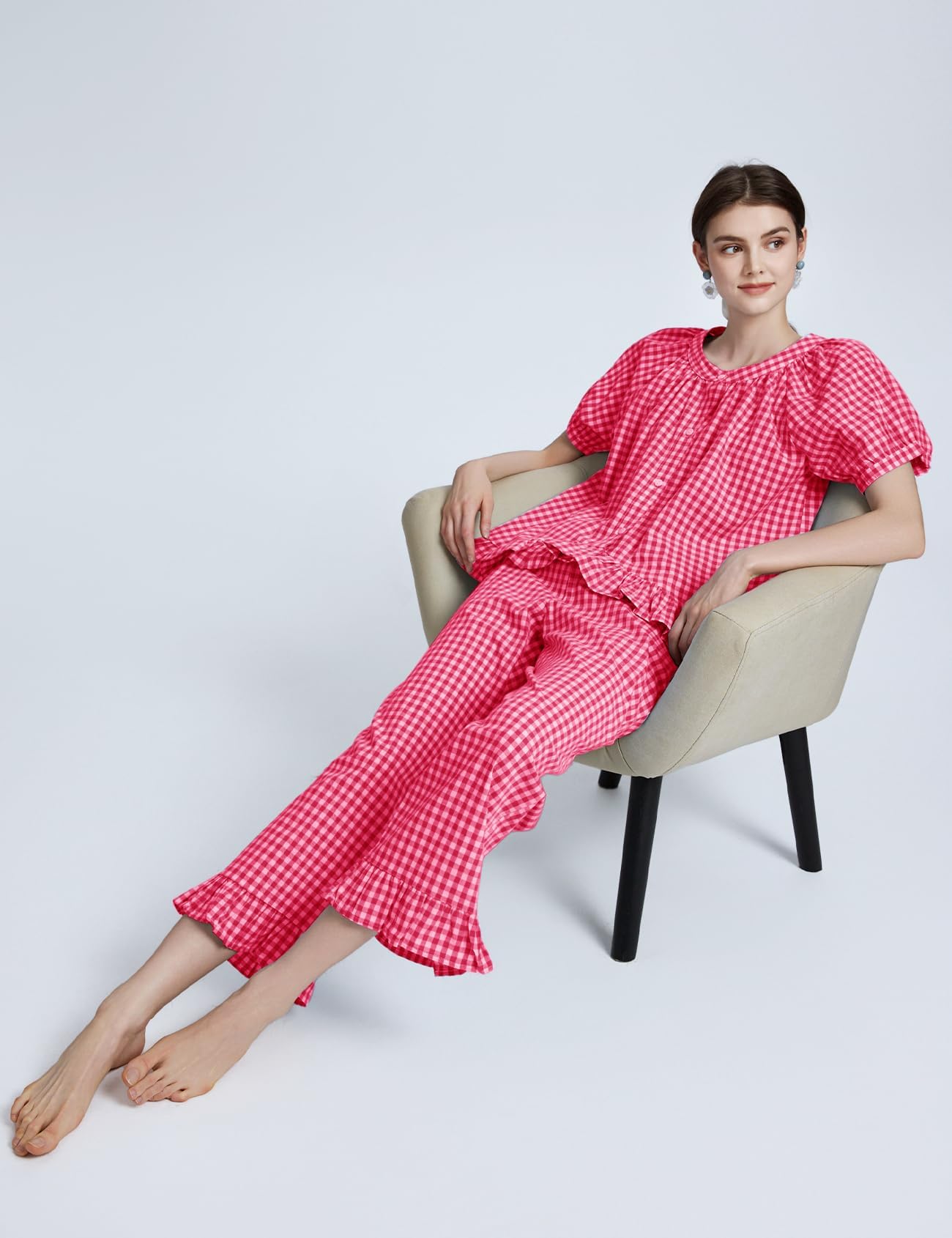 Flygo Womens Plaid 2 Piece Pajamas Sets Gingham Button Down Puff Sleeve Babydoll Shirt Ruffle Pants Y2K Pjs Lounge Set WEBE CLOTHING