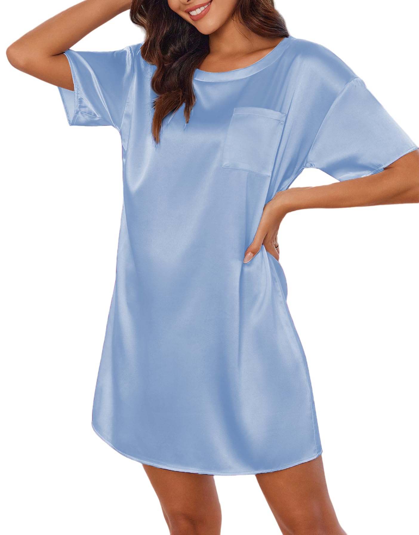 Ekouaer Silk Sleep Shirts for Women Satin Nightshirt Tshirt Nightgown Short Sleeve Round Neck Sleepwear with Pocket S-2XL