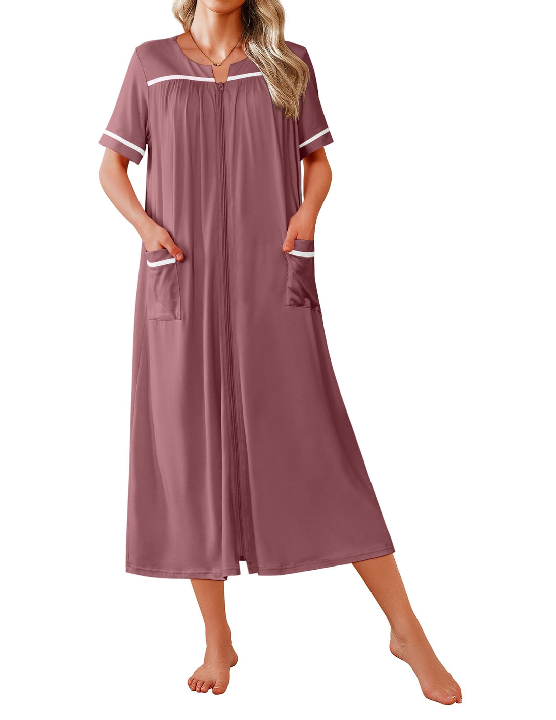 Ekouaer Zipper Robes for Women Short Sleeve Bathrobe Soft Lightweight Housecoat Full Length Nightgown with Pockets S-3XL WEBE CLOTHING