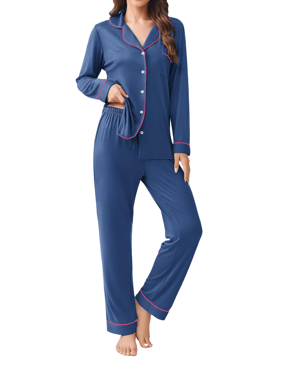Ekouaer Womens Pajamas Set 2 Piece Button Down Pjs Soft Long Sleeve Top and Pants Sleepwear Set Lounge Sets