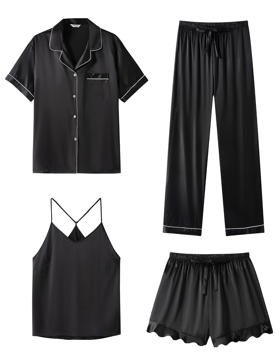 SAPJON Silk Pajamas for Women Set 4Pcs Ruffled Satin Pajamas Set Button Down Short Sleeve Cami Shorts Sleepwear Pj Set