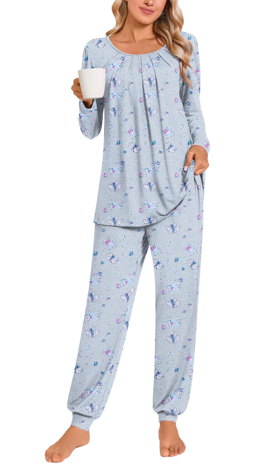 Anymeet Womens Pajama Sets Fall Winter Long Sleeve 2 Piece Sleepwear Soft Lounge Outfits with Pockets