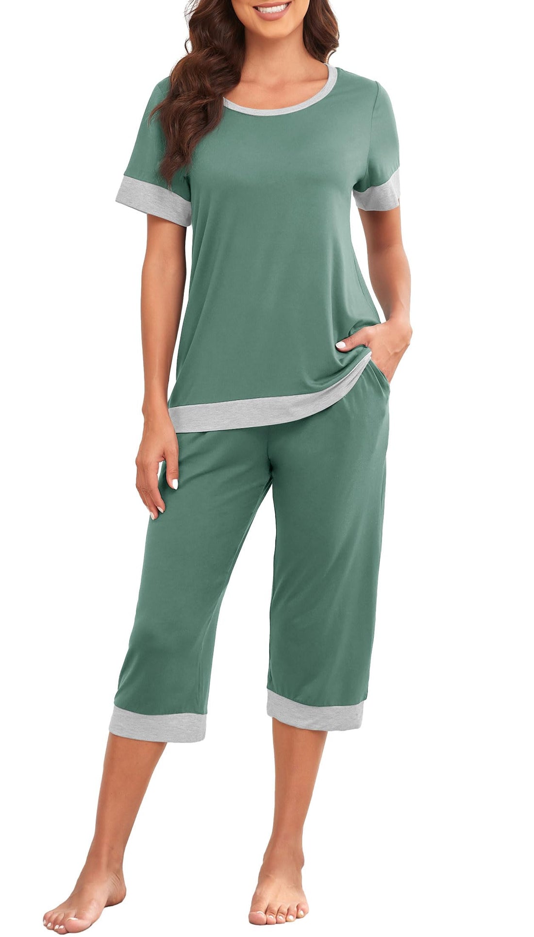 PrinStory Women's Pajama Set Short Sleeve Shirt and Capri Pants Sleepwear Pjs Sets Lounge Set WEBE CLOTHING
