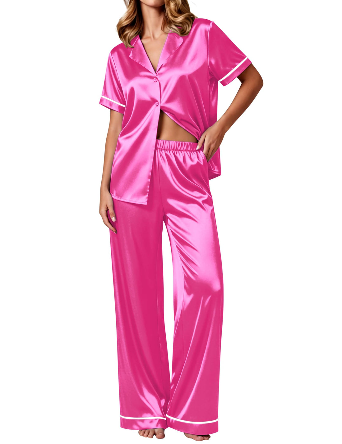 Ekouaer Women's Silk Pajamas Set Short Sleeve Satin Pjs 2 Piece Soft Loungewear with Pants Button Down Sleepwear
