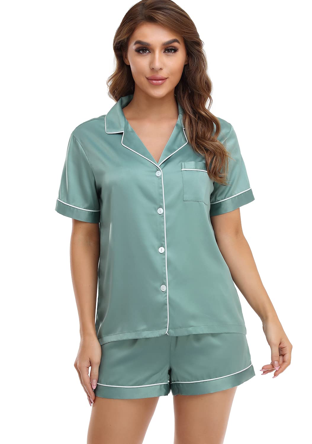 Serenedelicacy Women's Satin Pajama Set 2-Piece Sleepwear Loungewear Button Down Short Sleeve Silky PJ Set WEBE CLOTHING