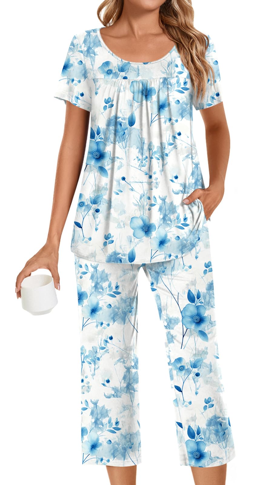 POPYOUNG Womens Pajama Sets Summer Ladies Pjs 2 Piece Loungewear Capri with Pockets Sleepwear