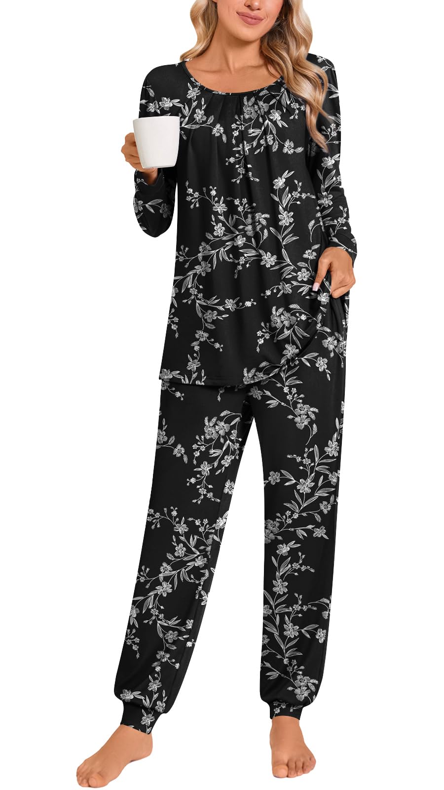 Anymeet Womens Pajama Sets Fall Winter Long Sleeve 2 Piece Sleepwear Soft Lounge Outfits with Pockets