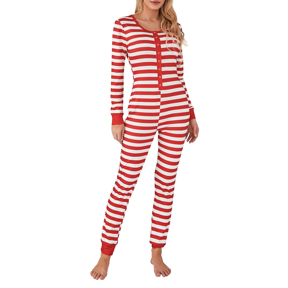 Women Christmas Long Sleeve Stripe Heart One Piece Pajamas Bodycon Jumpsuit Button Neck Sleepwear WEBE CLOTHING