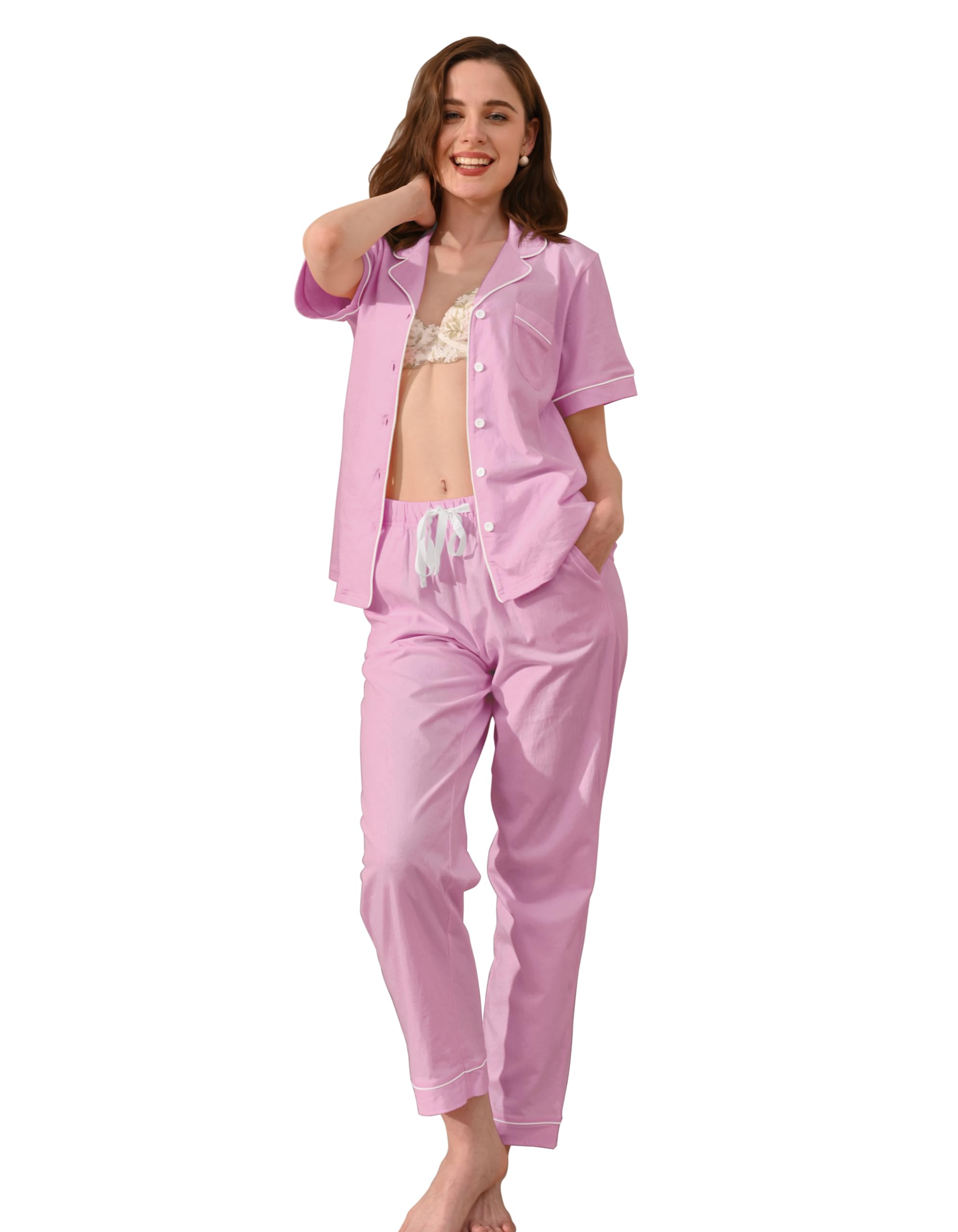 NAP BOUND 100% Cotton Pajamas for Women Sets 2 Pieces Pjs Button short sleeves with Pockets Soft Sleepwear Loungewear XS-XXL