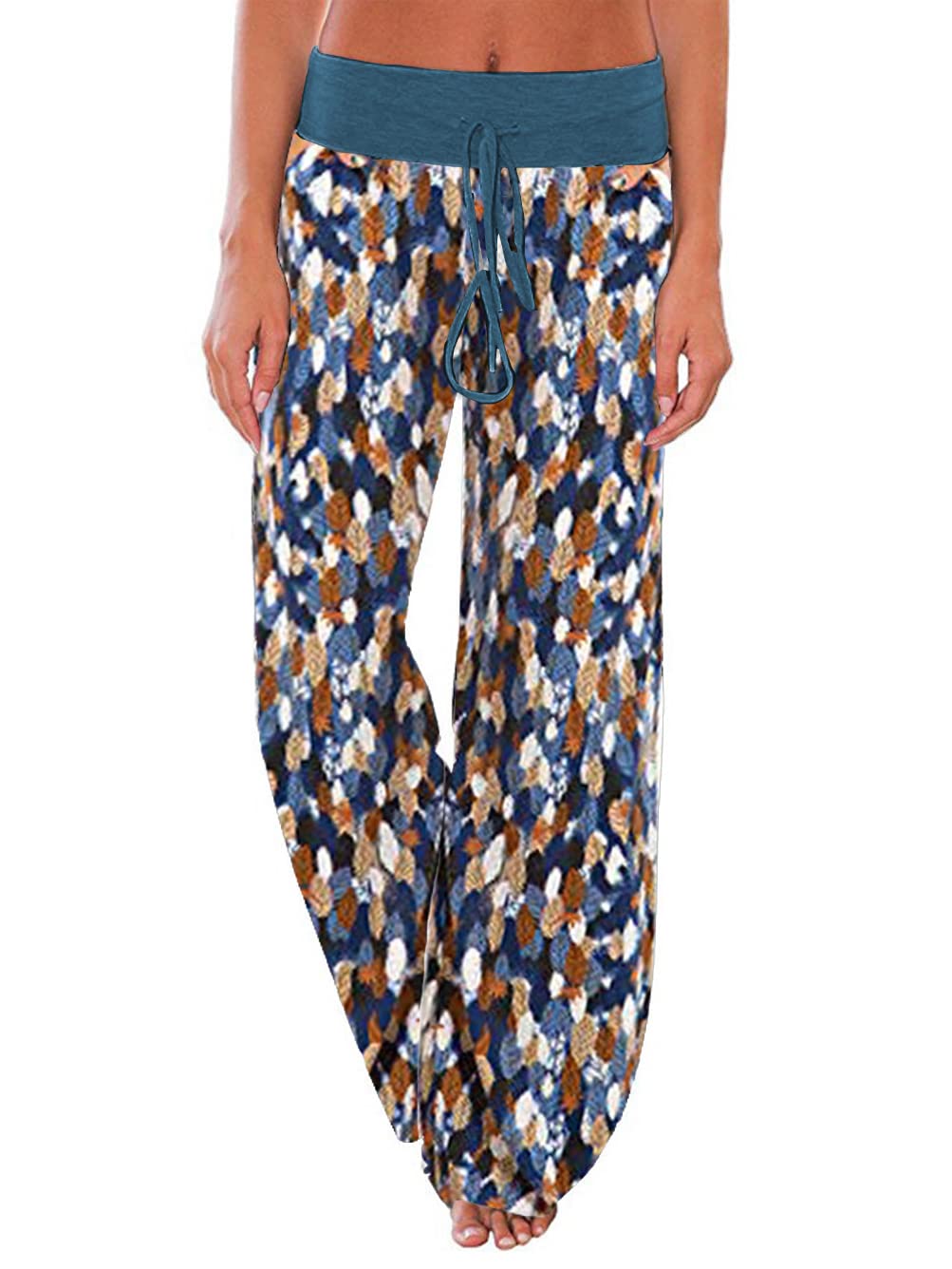 iChunhua Women's Comfy Stretch Floral Print Drawstring Palazzo Wide Leg Lounge Pant