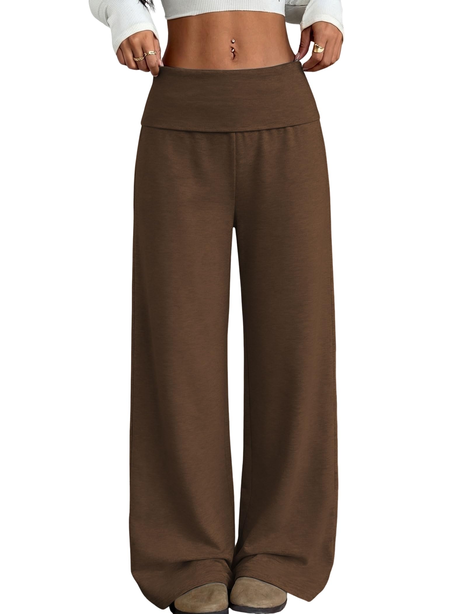 ZAFUL Women's Striped Pants Casual Fold Waist Wide Leg Pants Lightweight Comfy Stretchy Loose Lounge Pajama Pants